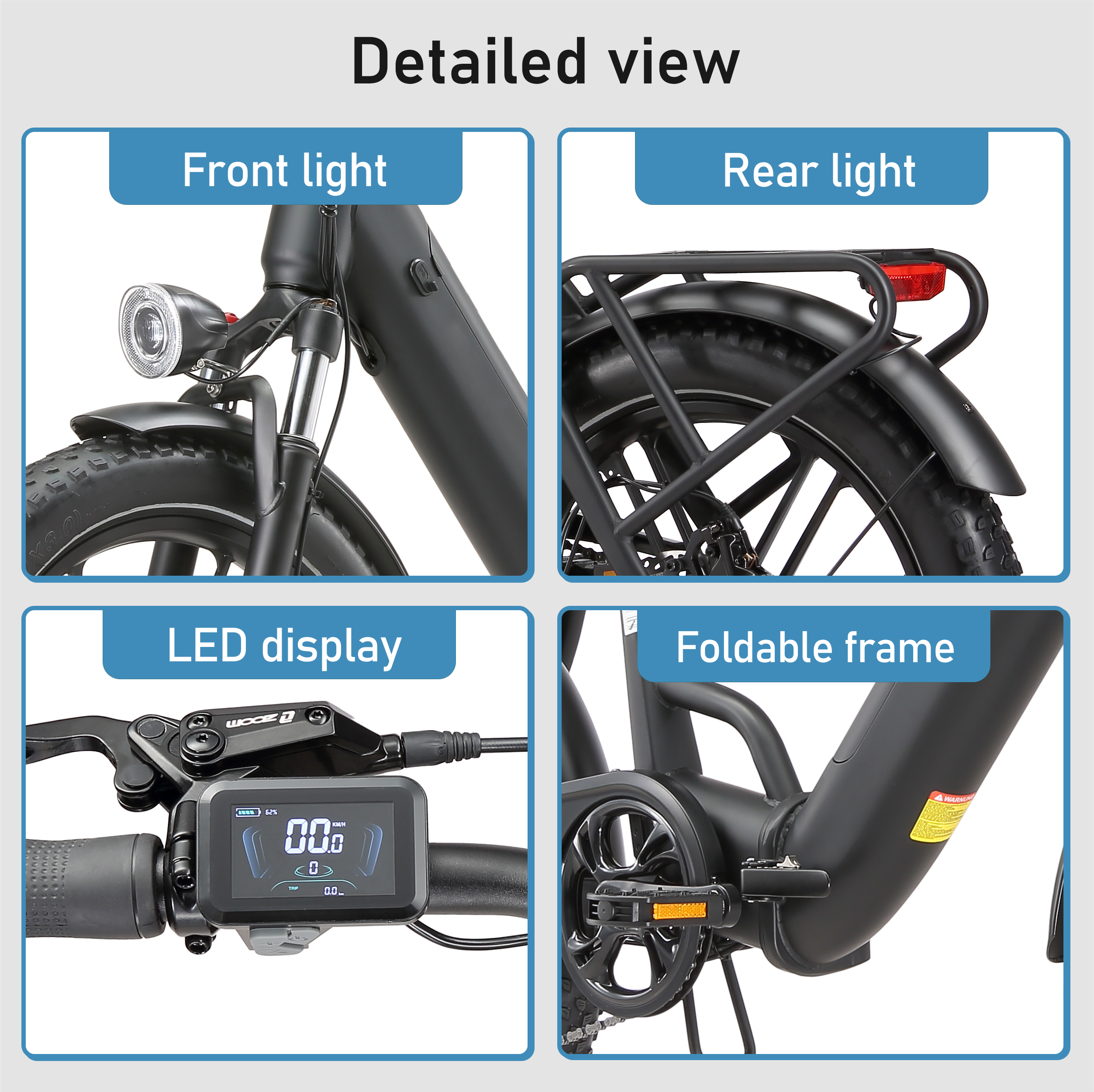 Detaillierte Ansicht eines E-Bikes mit Frontlicht, Rücklicht, LED-Display und klappbarem Rahmen.