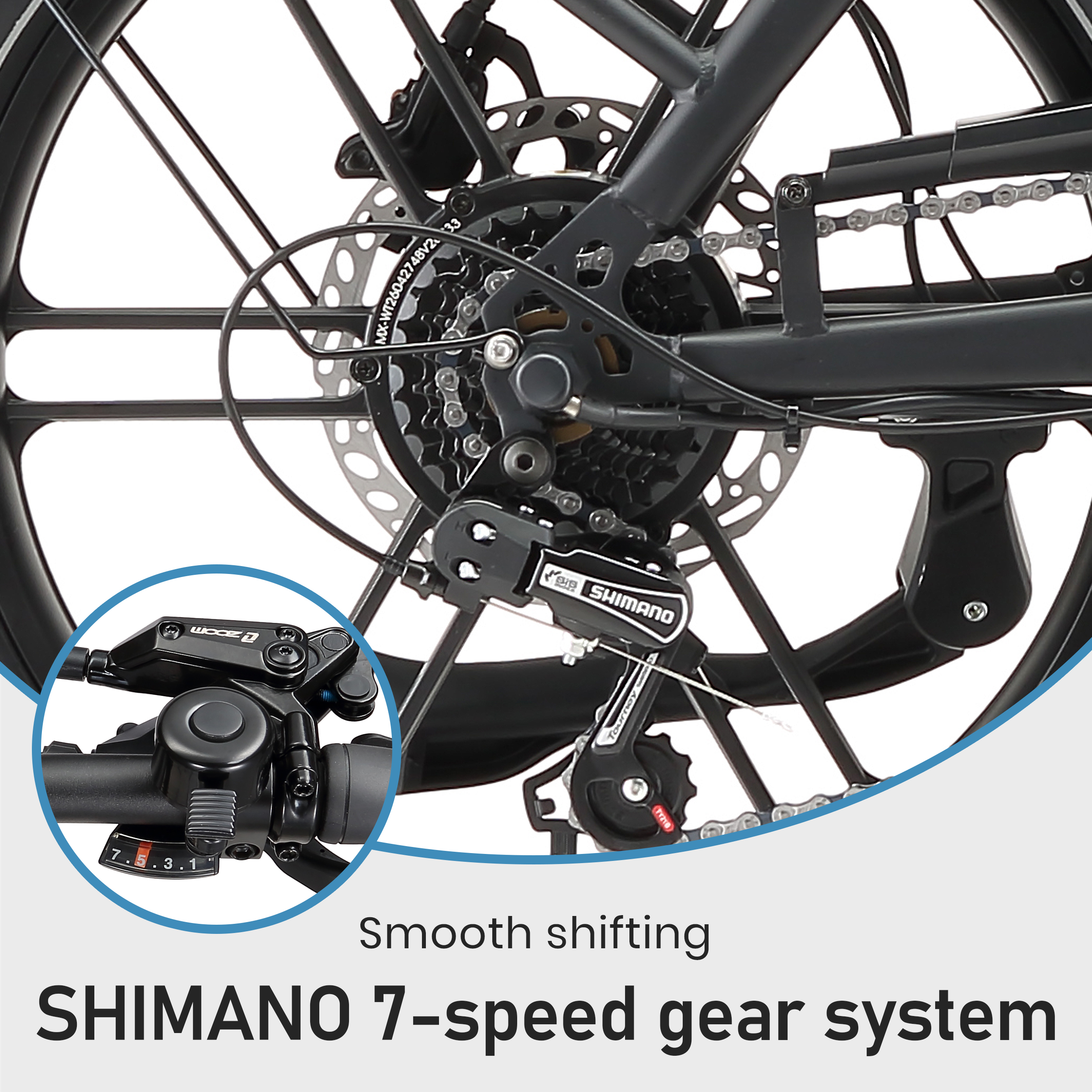 Nahaufnahme eines Shimano 7-Gang-Schaltsystems mit Einsatz und Text Reibungsloses Schalten.