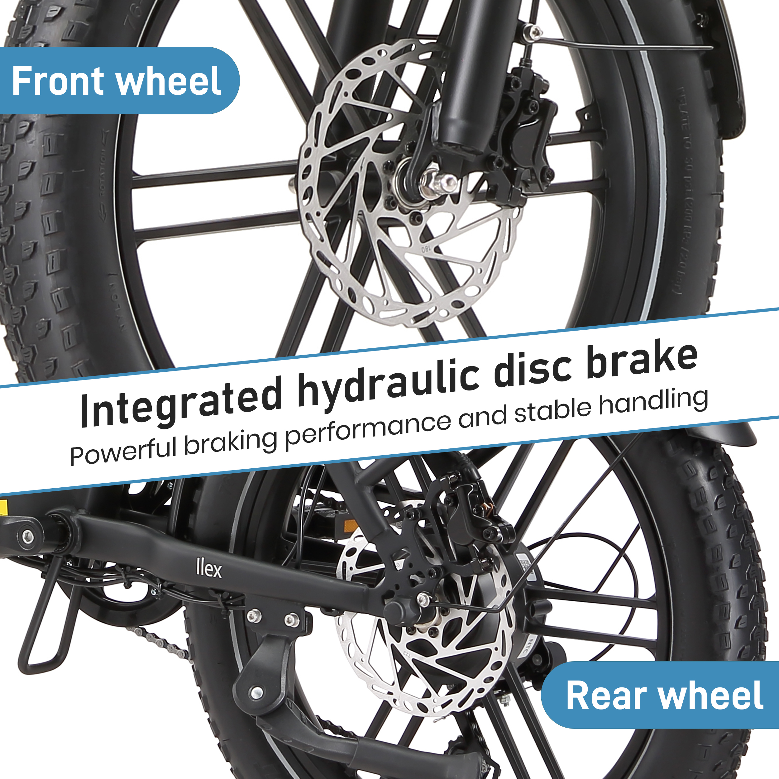 Nahaufnahme der Vorder- und Hinterräder eines E-Bikes mit hydraulischen Scheibenbremsen.