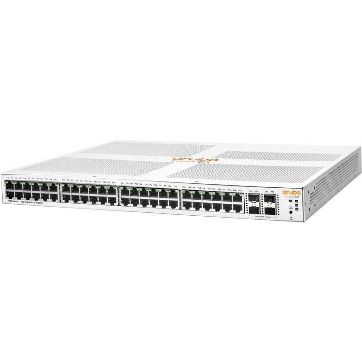 Beyaz arka planda birden fazla ethernet bağlantı noktasına sahip beyaz bir Aruba Instant On ağ anahtarı.
