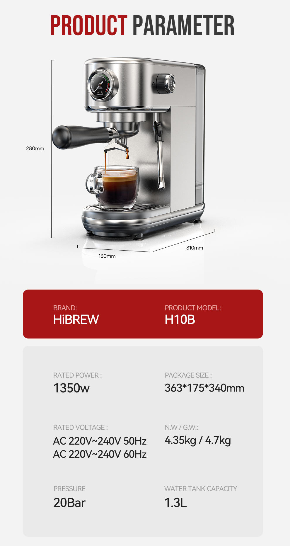 Cafetera espresso de acero inoxidable con dimensiones, especificaciones técnicas y el modelo H10B.