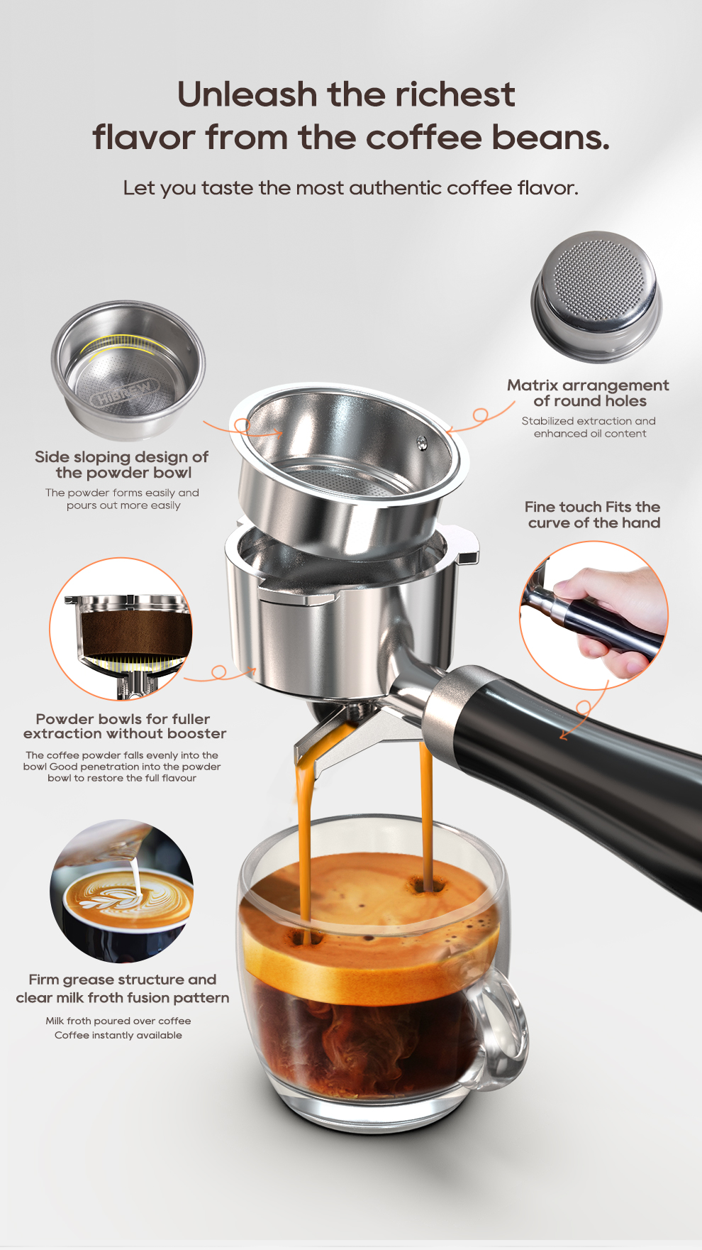 Portafiltro de máquina de espresso con granos de café, espuma de leche y detalles de filtrado.