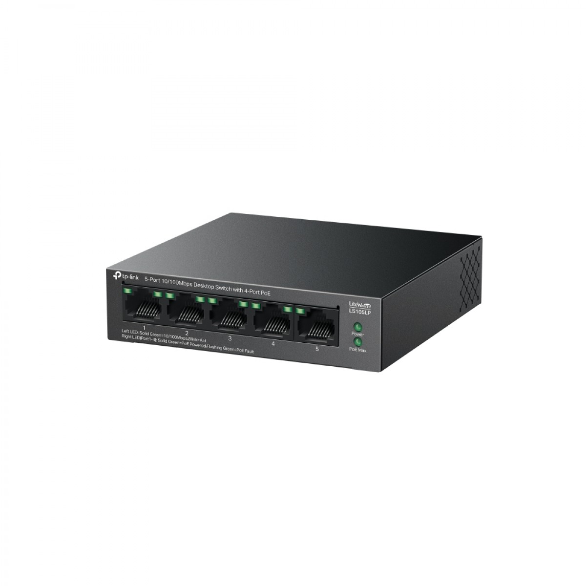 Düz beyaz arka planda 4 PoE bağlantı noktasına, LED durum ışıklarına ve beyaz marka işaretine sahip siyah TP-Link 5 portlu masaüstü switch.
