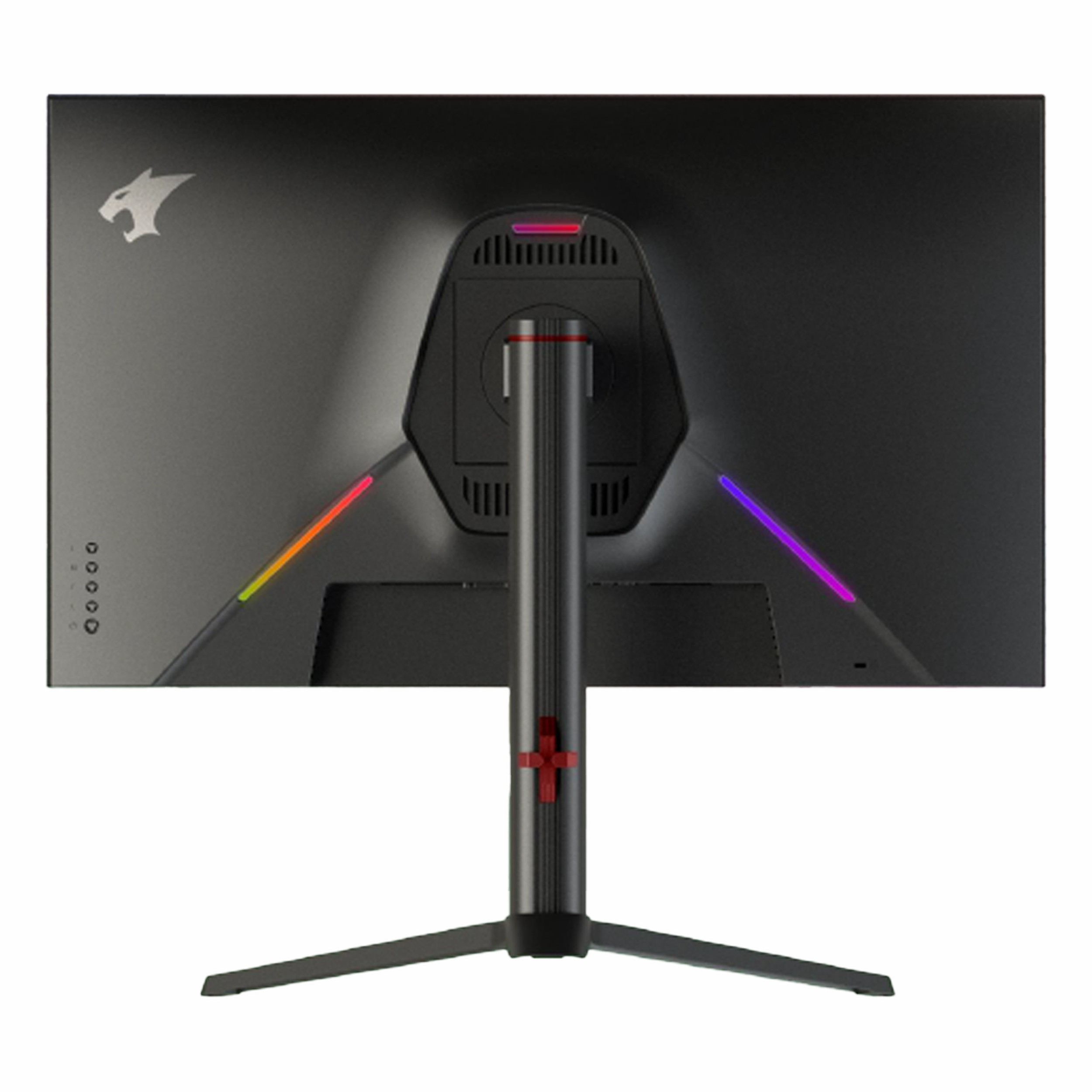 RGB aydınlatma şeritlerine ve merkezi bir standa sahip siyah oyun monitörünün arkadan görünümü.
