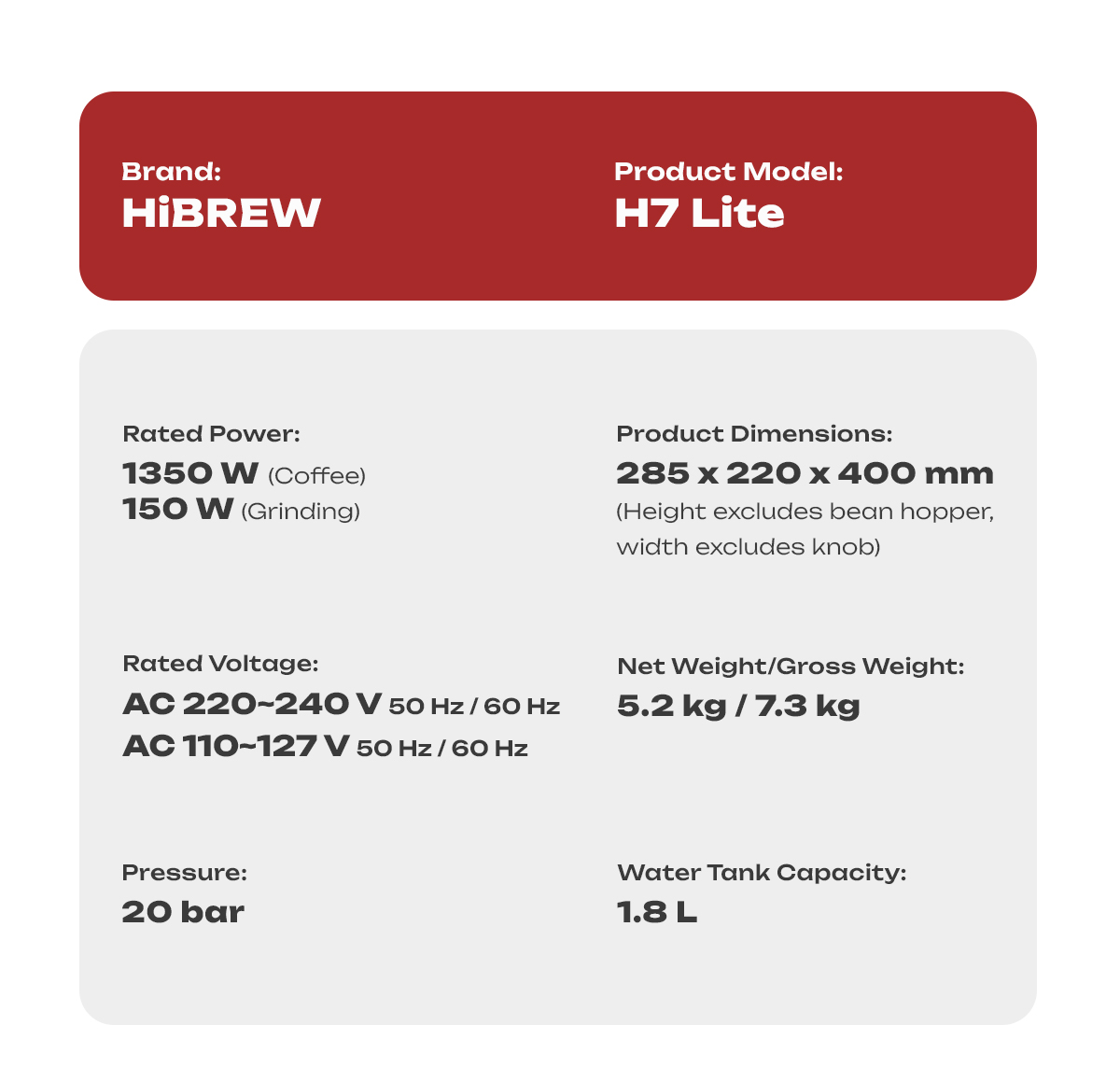 Especificaciones de la cafetera HiBREW H7 Lite sobre fondo rojo y gris.