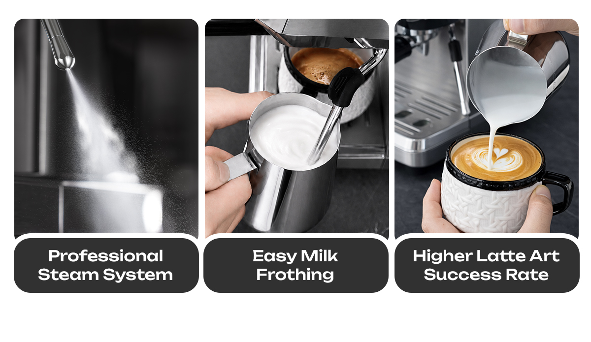 Tres imágenes muestran operación de vapor, espumado de leche y vertido de arte latte.