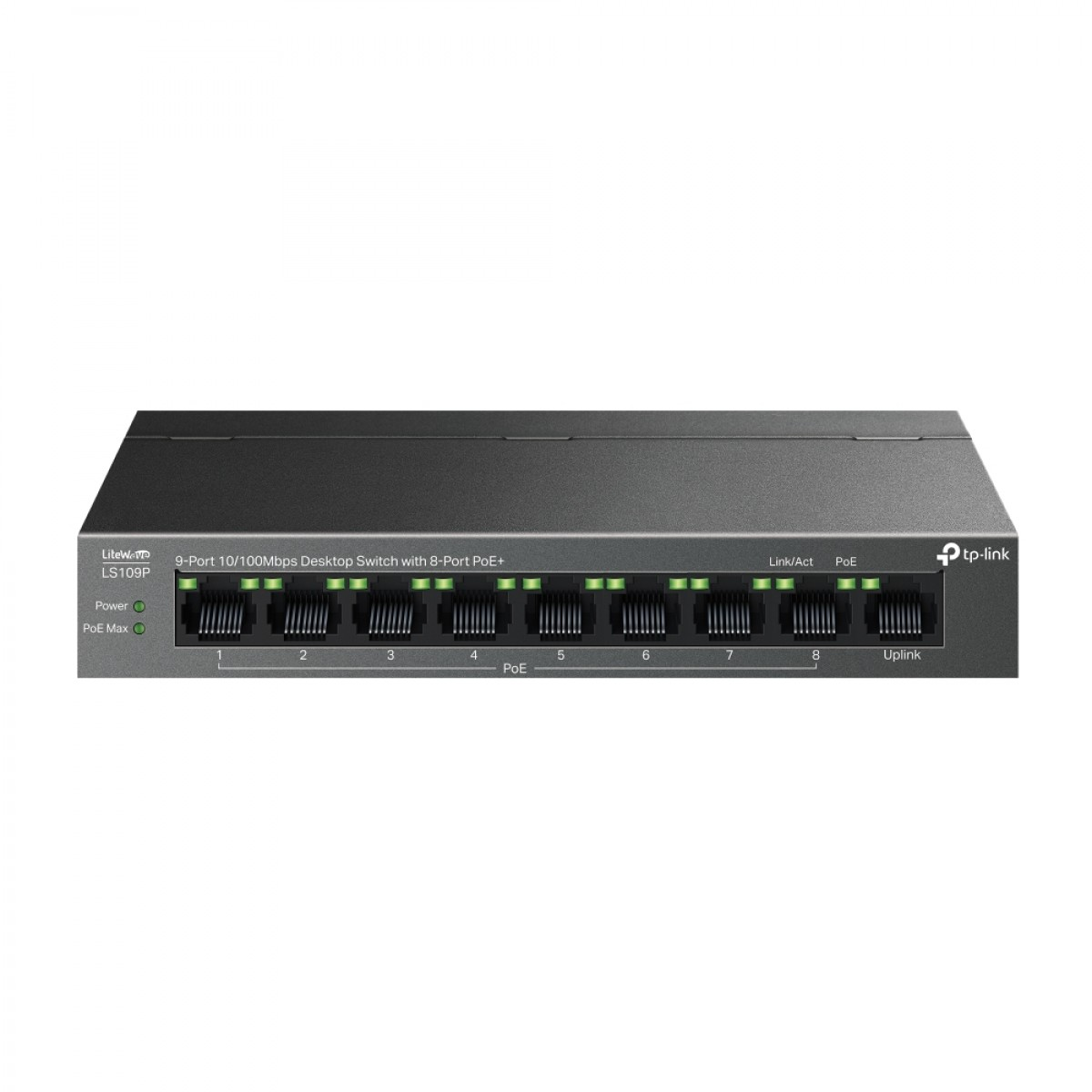 Dokuz bağlantı noktası, PoE bağlantıları ve yeşil durum ışıkları olan siyah bir TP-Link masaüstü switch.