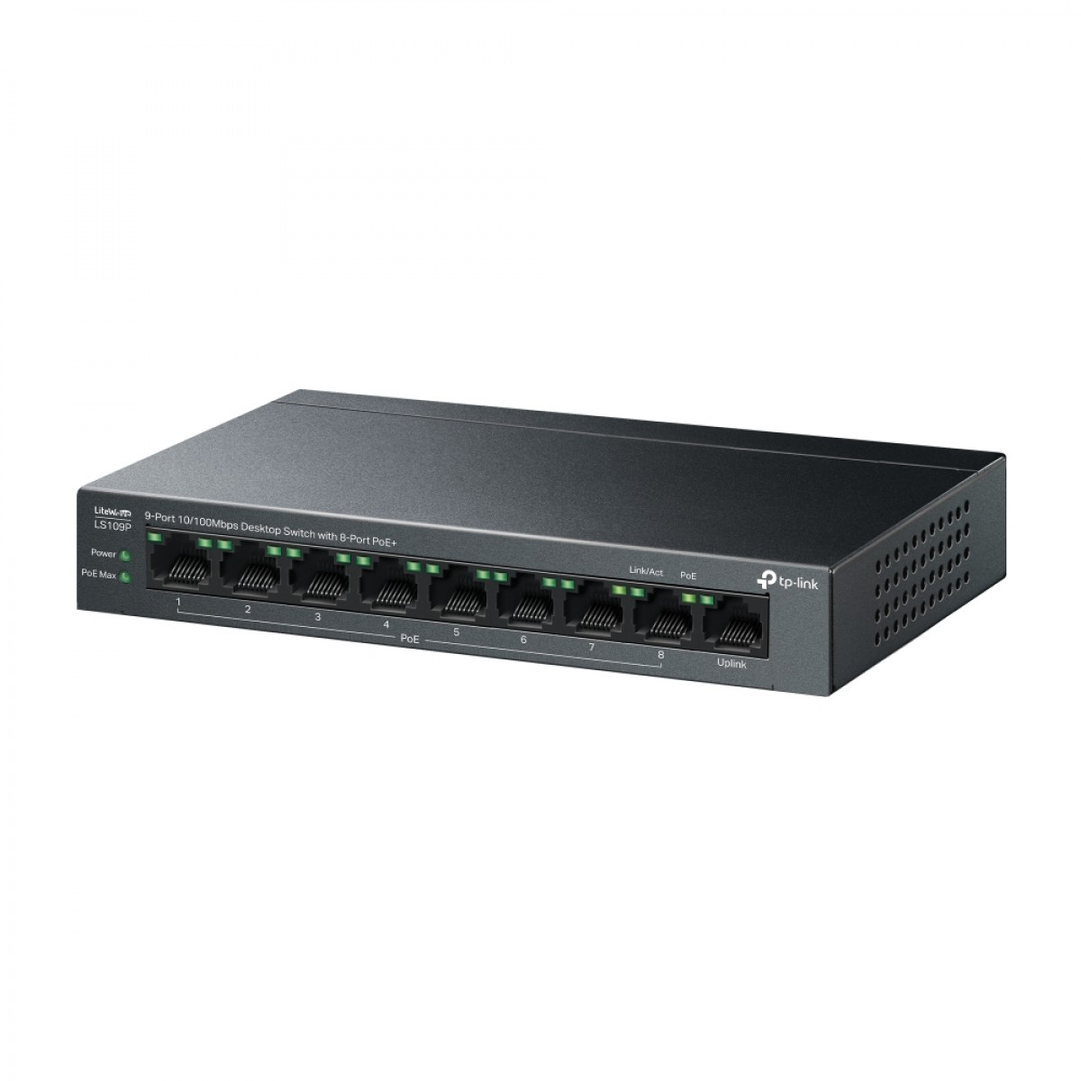 Beyaz arka planda dokuz RJ45 bağlantı noktasına ve yeşil LED göstergelere sahip siyah bir TP-Link ağ anahtarı.