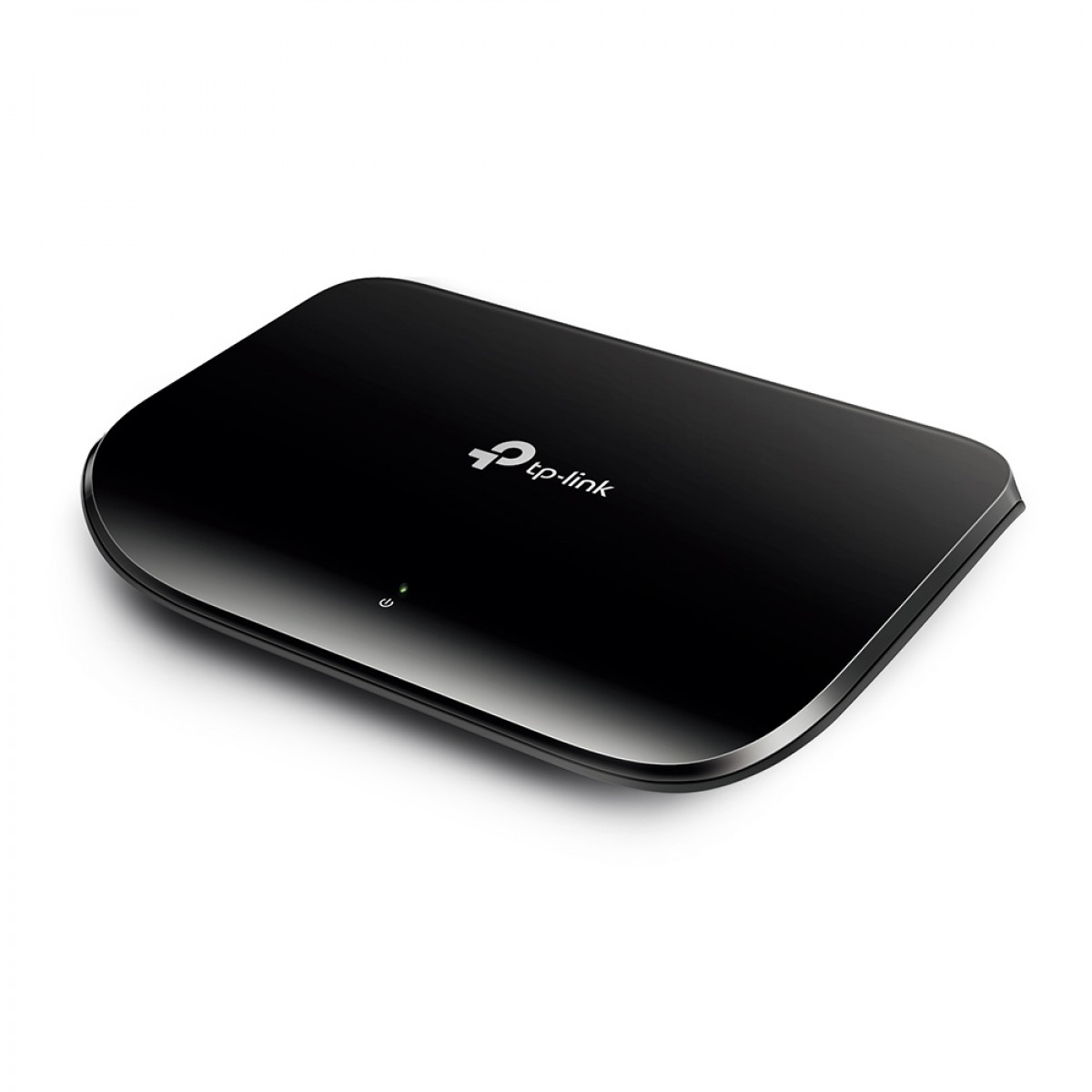 Parlak yüzeyli siyah TP-Link yönlendirici ve beyaz arka planda yeşil güç ışığı.