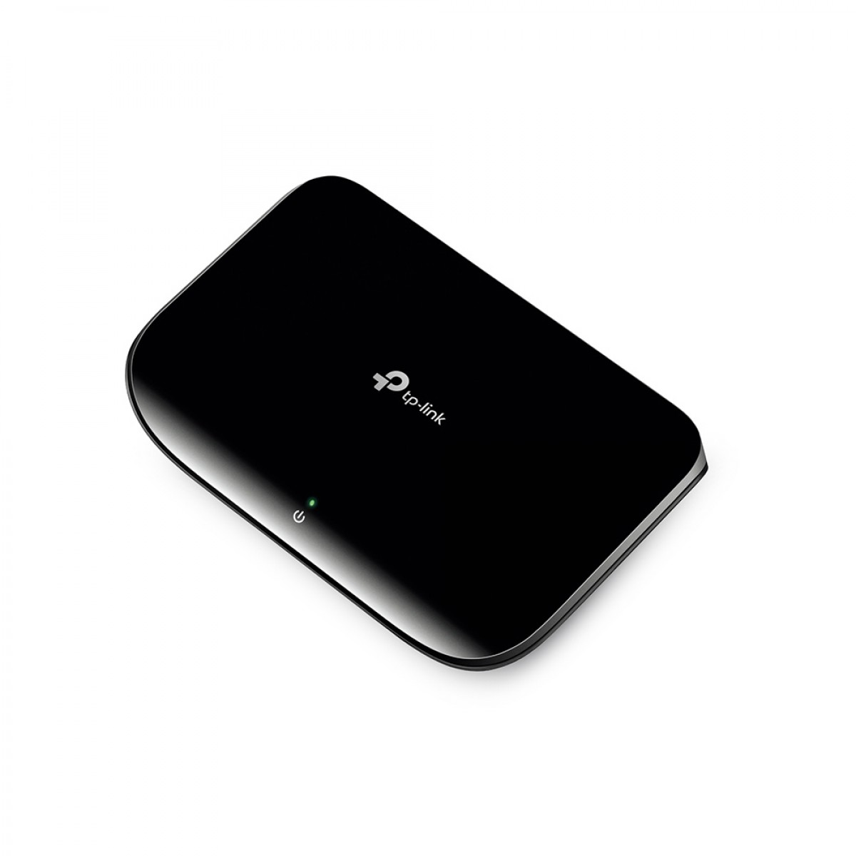 Yuvarlatılmış köşelere ve küçük yeşil bir LED ışığa sahip parlak siyah TP-Link cihazı, beyaz arka plan.