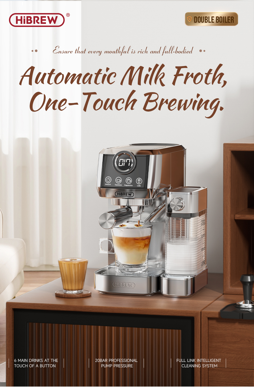 Cafetera moderna con espumador de leche integrado en una mesa de madera, con cortinas de fondo.