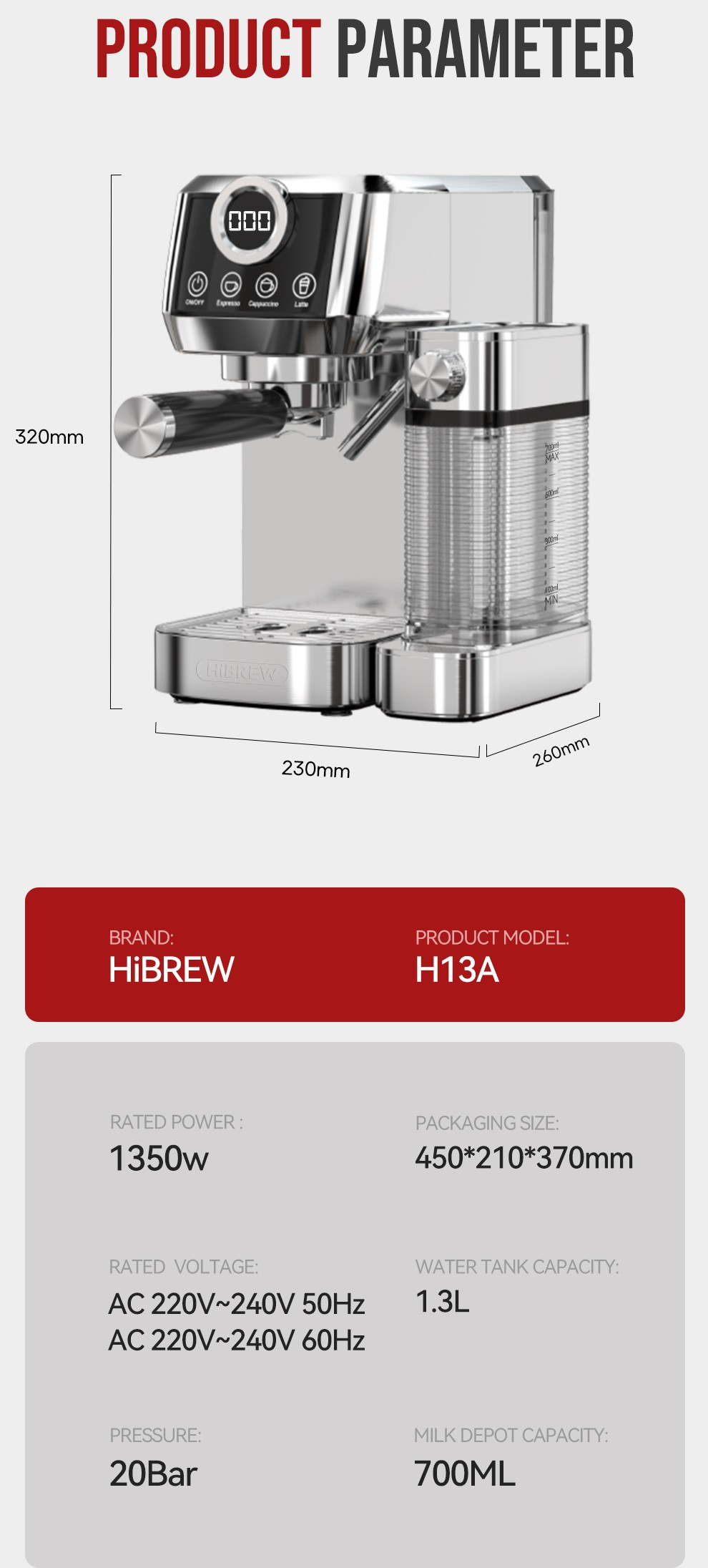 Dibujo técnico y especificaciones de la cafetera espresso HiBREW H13A con dimensiones y detalles técnicos.