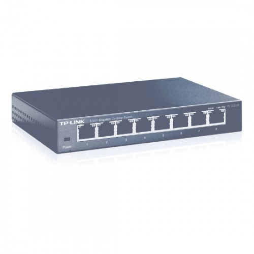 Beyaz arka planda siyah TP-Link 8 bağlantı noktalı Gigabit masaüstü anahtarı.