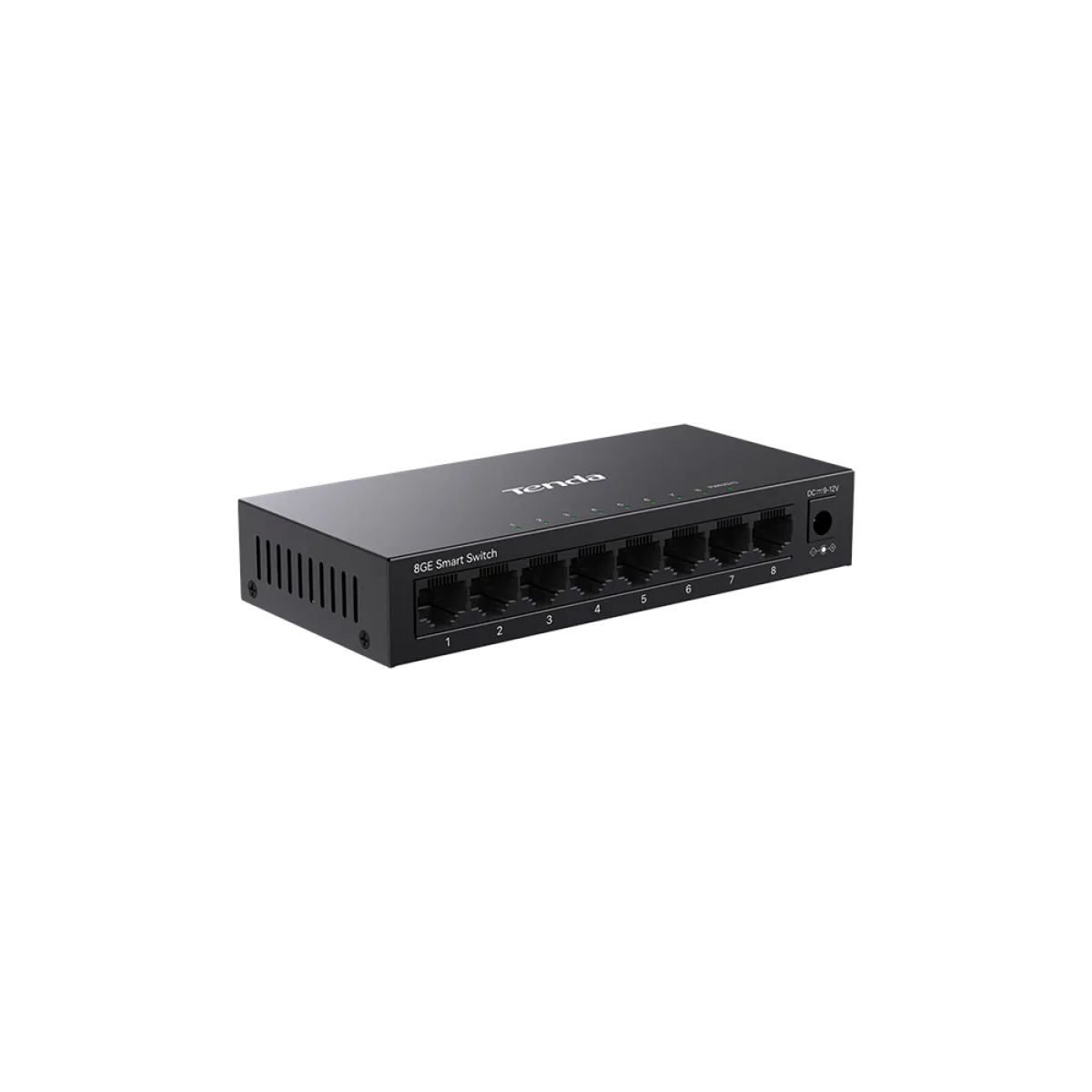 Beyaz zemin üzerinde sekiz ethernet bağlantı noktası ve güç girişi olan siyah bir Tenda 8GE Akıllı Switch.