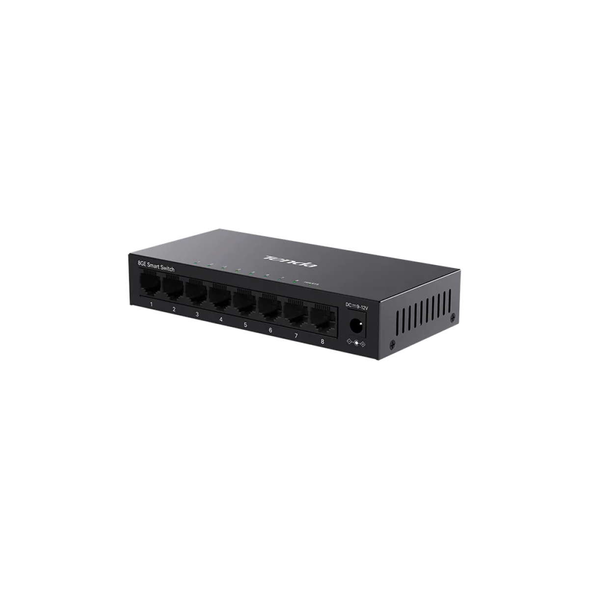 Beyaz arka planda numaralandırılmış ethernet portlarına sahip siyah 8 portlu Tenda akıllı ağ anahtarı.