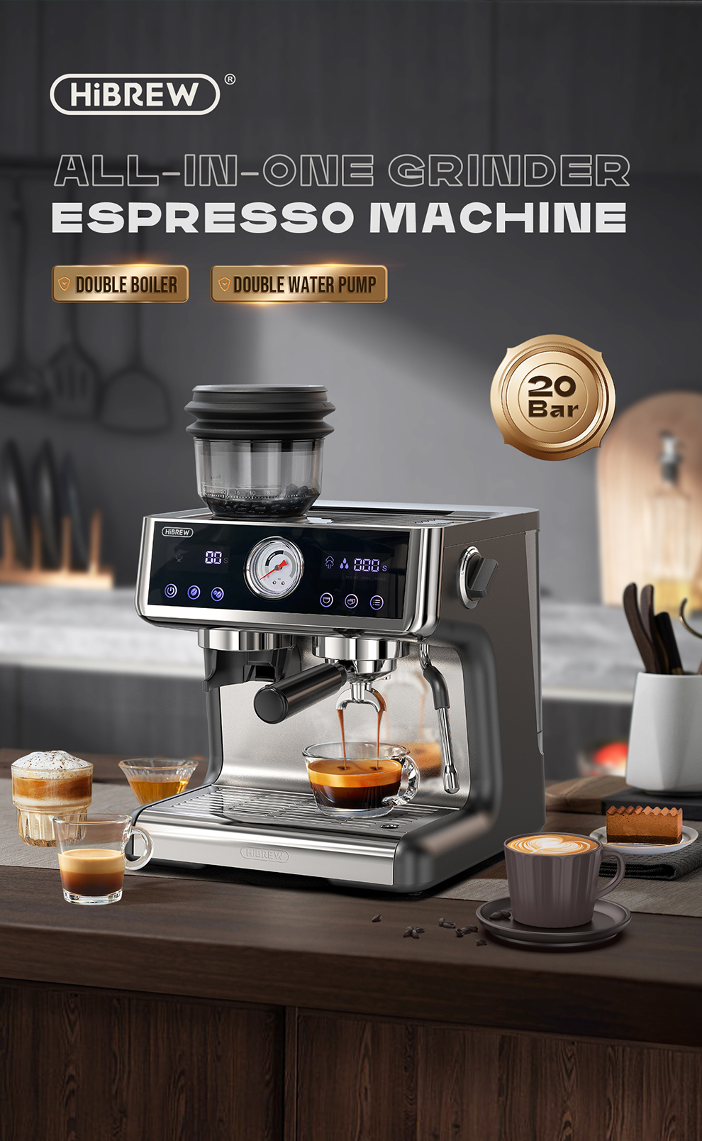Cafetera espresso todo en uno Hibrew en una encimera de madera, con café vertiéndose en una taza.