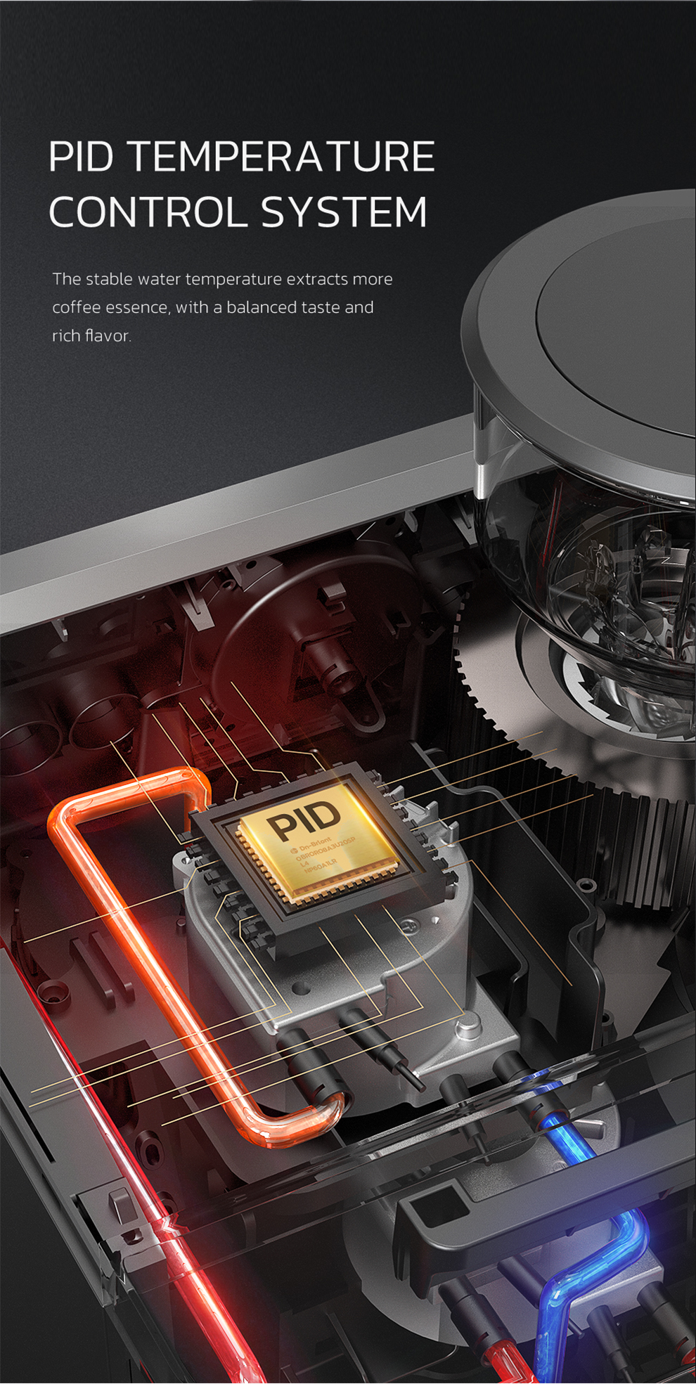 Vista interna del sistema de control de temperatura PID de una cafetera con un chip y tubos.