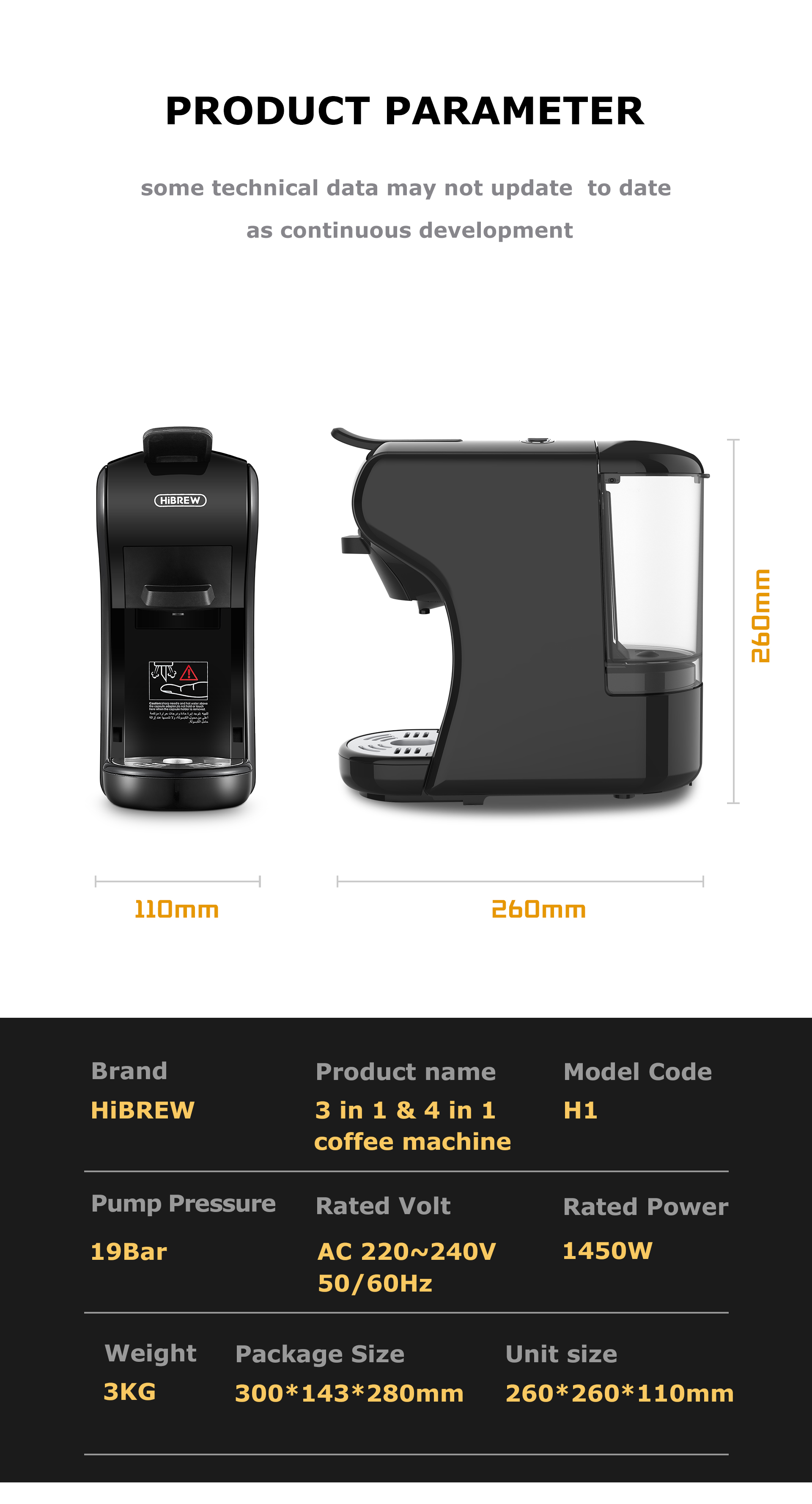 Cafetera HiBREW negra con dimensiones, 19 bares, 1450W de potencia y tabla de especificaciones.