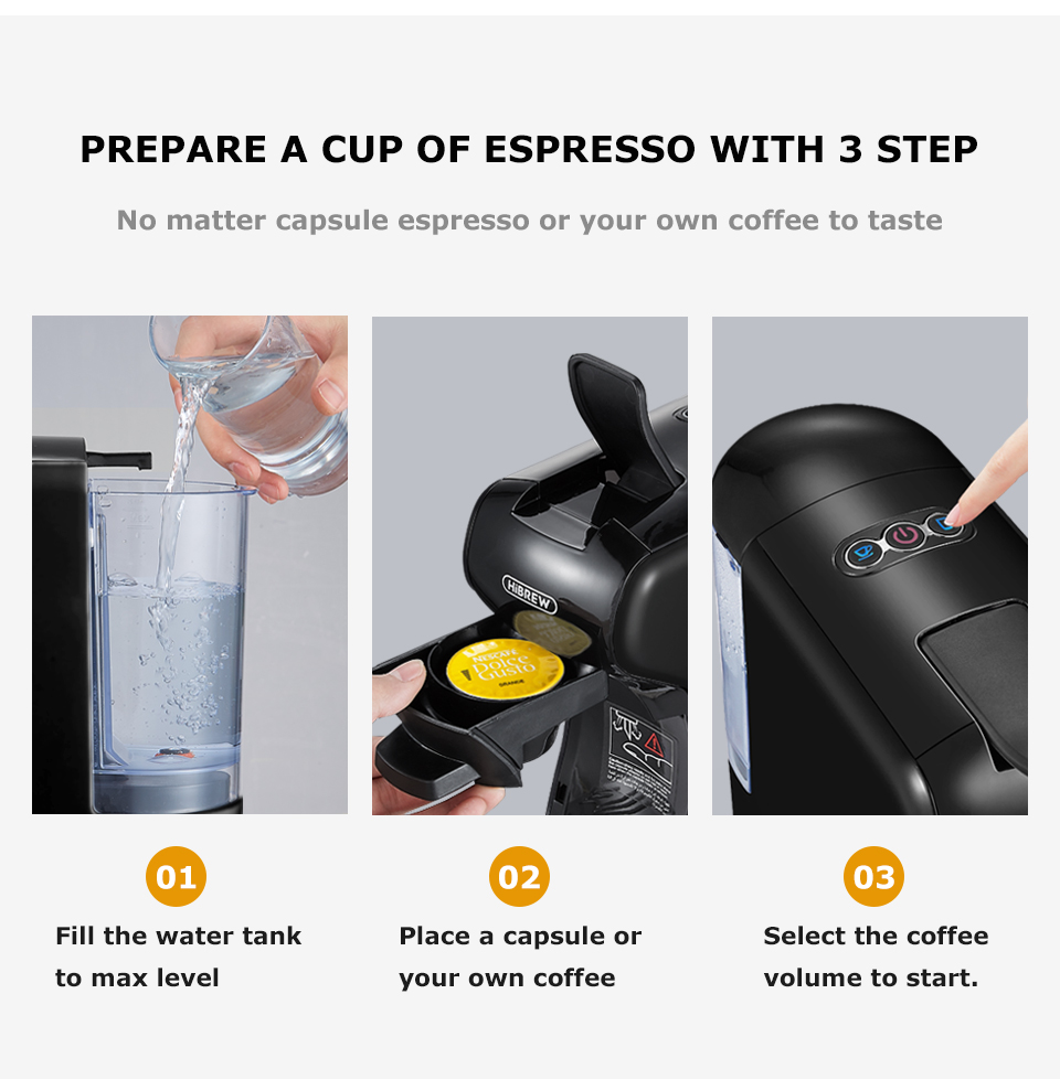 Tres pasos para el café: llenar el tanque de agua, colocar la cápsula y pulsar el botón.