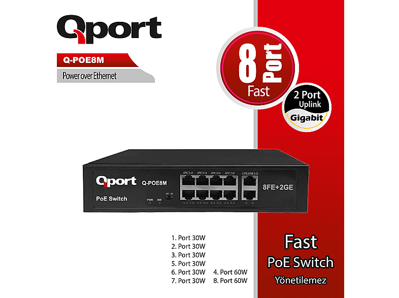 QPORT Q-PoE8M 8 Port 10/100 + 2 Port 10/100/1000 Uplink PoE Switch Siyah