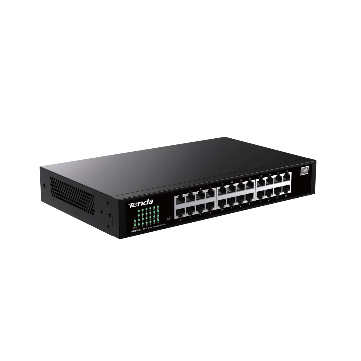 Beyaz arka planda birden fazla Ethernet bağlantı noktası ve yeşil durum LED'leri olan siyah bir Tenda ağ anahtarı.