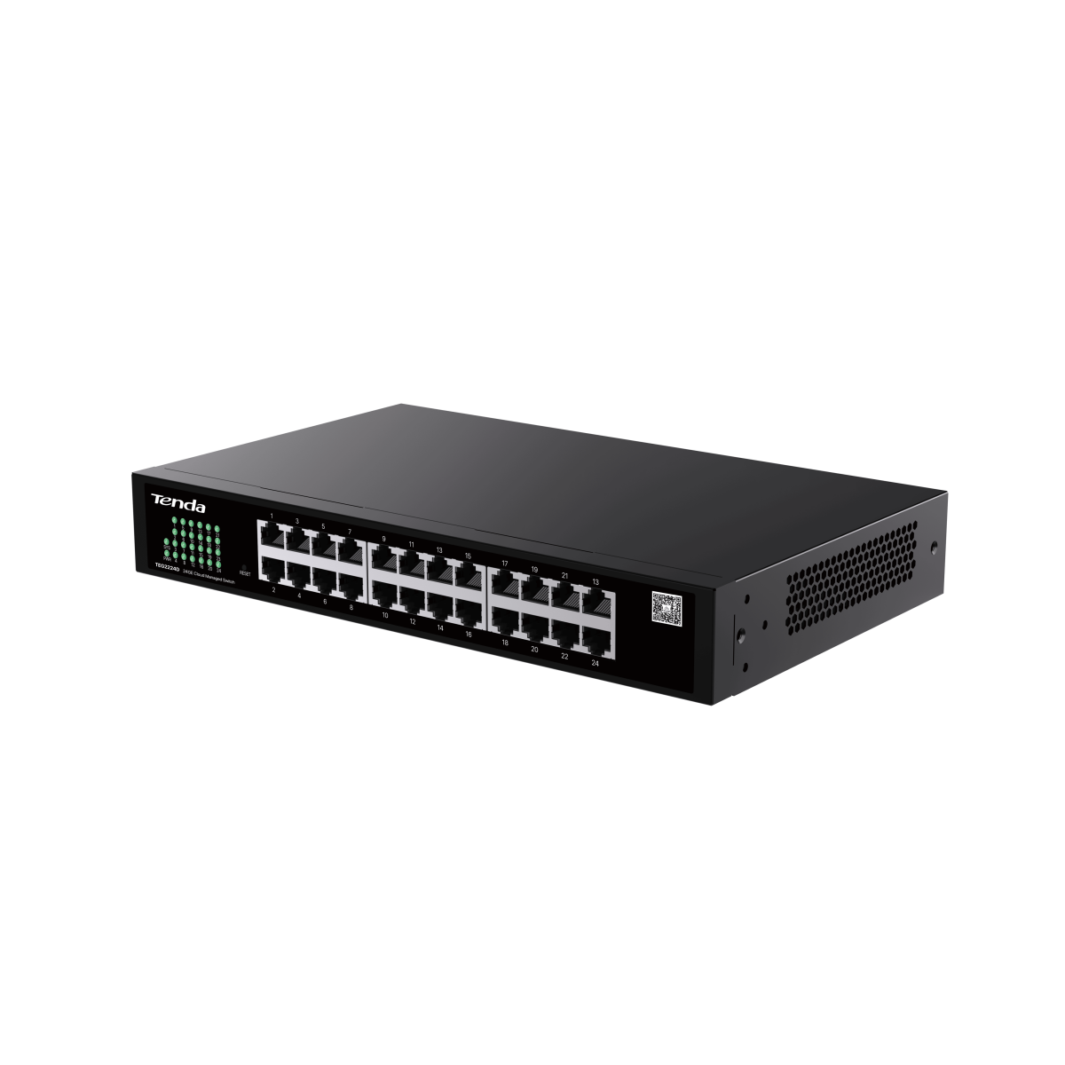 Beyaz arka planda 24 Ethernet bağlantı noktası ve LED göstergeleri olan siyah bir Tenda ağ anahtarı.