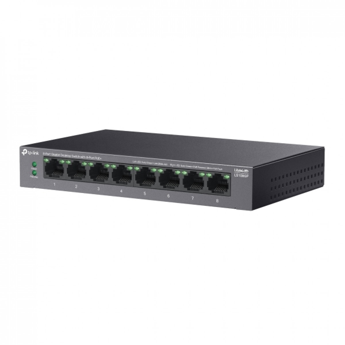 Beyaz arka planda sekiz gigabit bağlantı noktasına ve yanan yeşil LED'lere sahip siyah bir TP-Link ağ anahtarı.