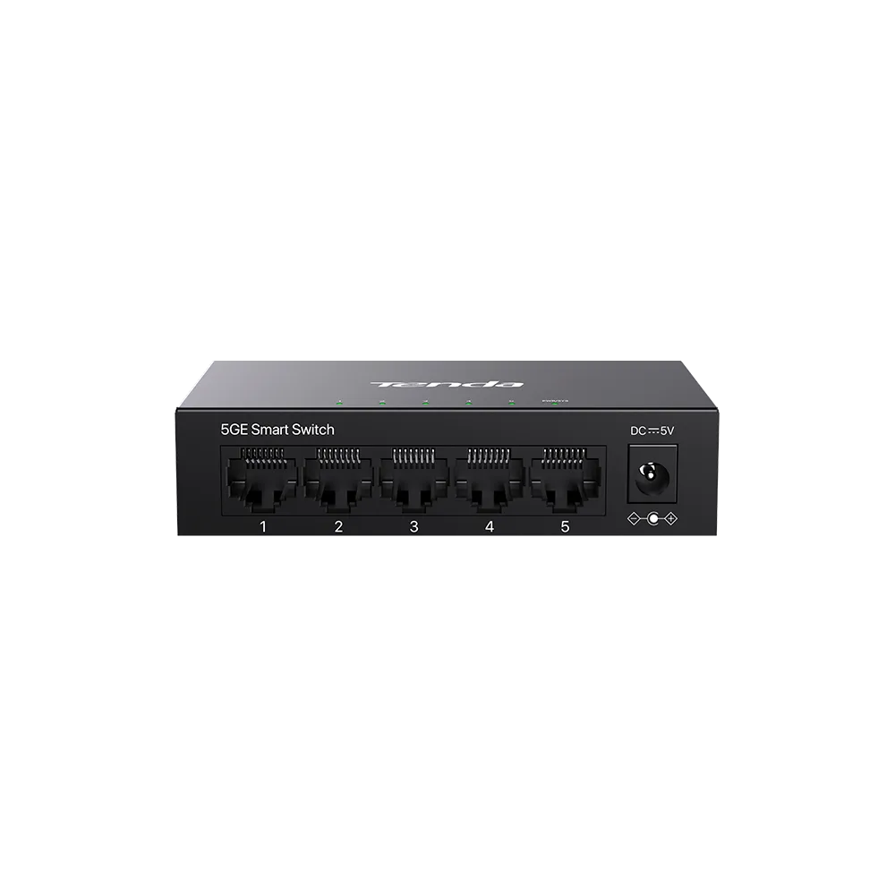 Beş Ethernet bağlantı noktasına ve güç girişine sahip siyah bir Tenda 5GE Smart Switch.