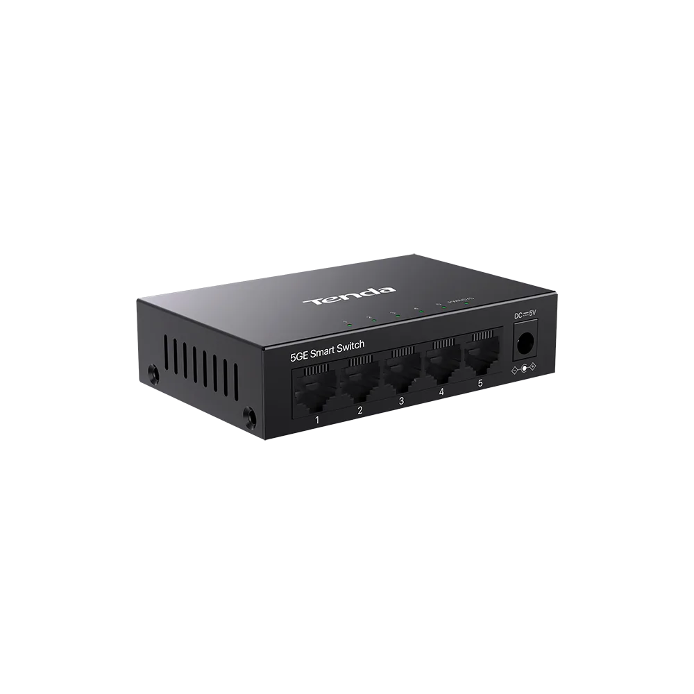 Siyah arka planda beş ethernet portu ve güç girişi olan siyah renkli bir Tenda 5GE Akıllı Switch.
