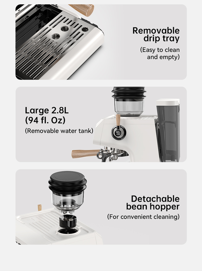 Características de la cafetera: bandeja de goteo, depósito de agua y tolva.