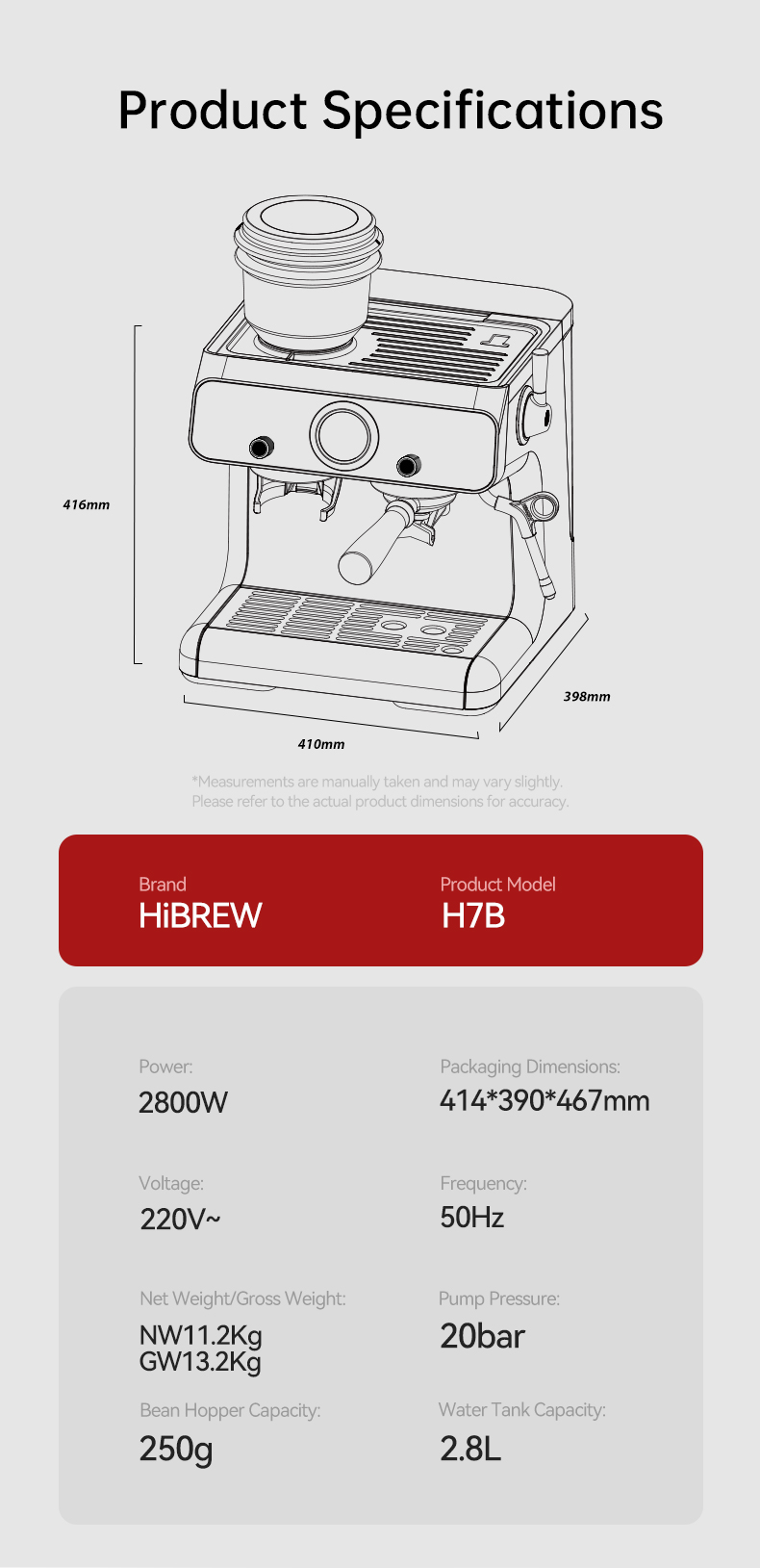 Especificaciones técnicas y esquema de la cafetera HiBREW H7B con dimensiones y detalles.