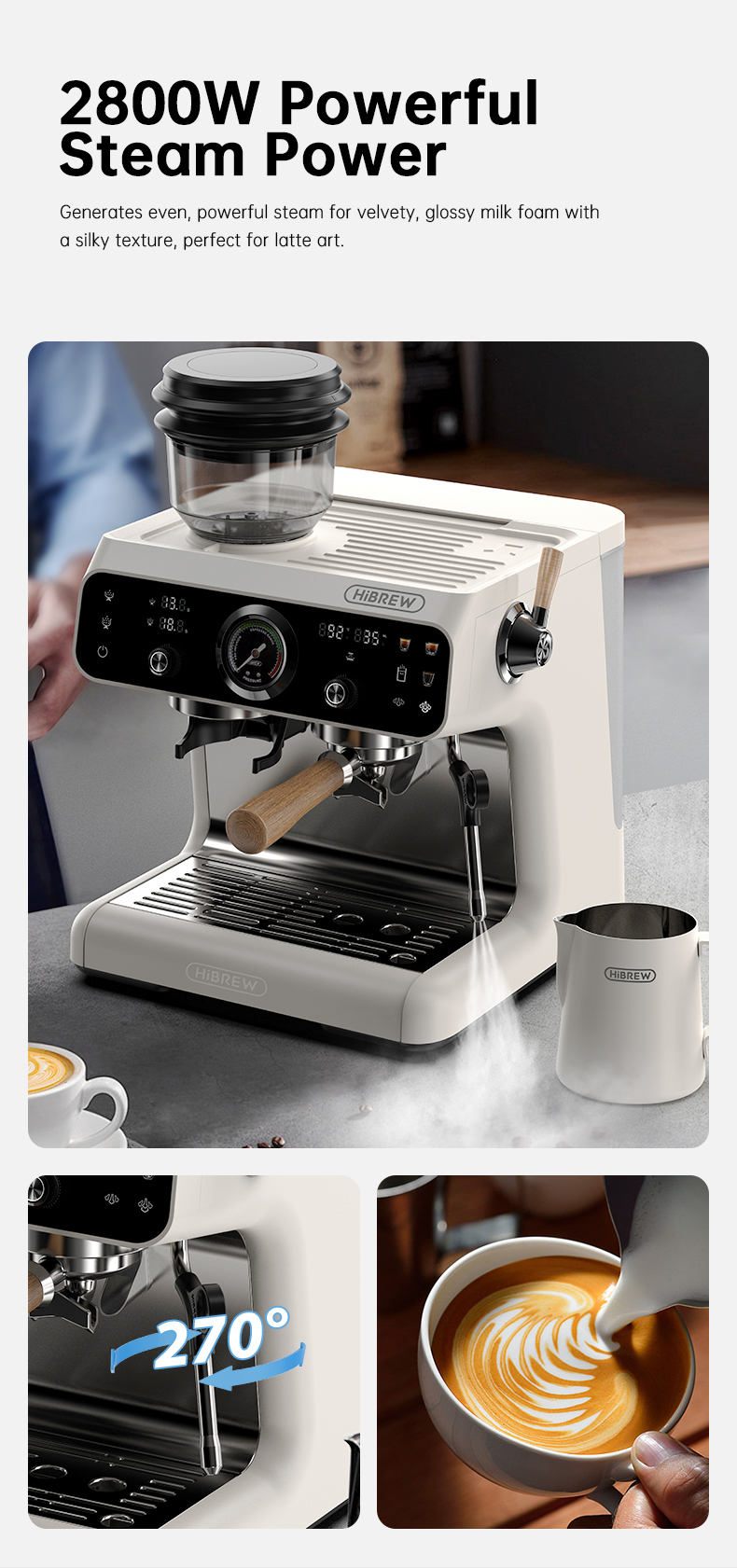 Cafetera espresso blanca Hibrew con varilla de vapor y molinillo, texto superior detalla potencia.
