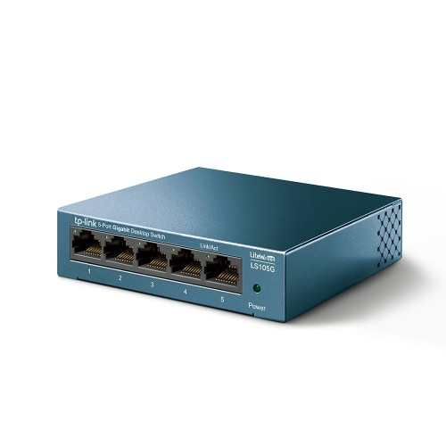 Beyaz arka planda beş ethernet bağlantı noktası ve bir güç LED'i bulunan mavi renkli TP-Link 5 Bağlantı Noktalı Gigabit Masaüstü Switch.