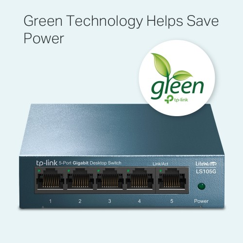 Yeşil teknoloji logolu ve beş ethernet portlu TP-Link 5 portlu gigabit masaüstü anahtarı.