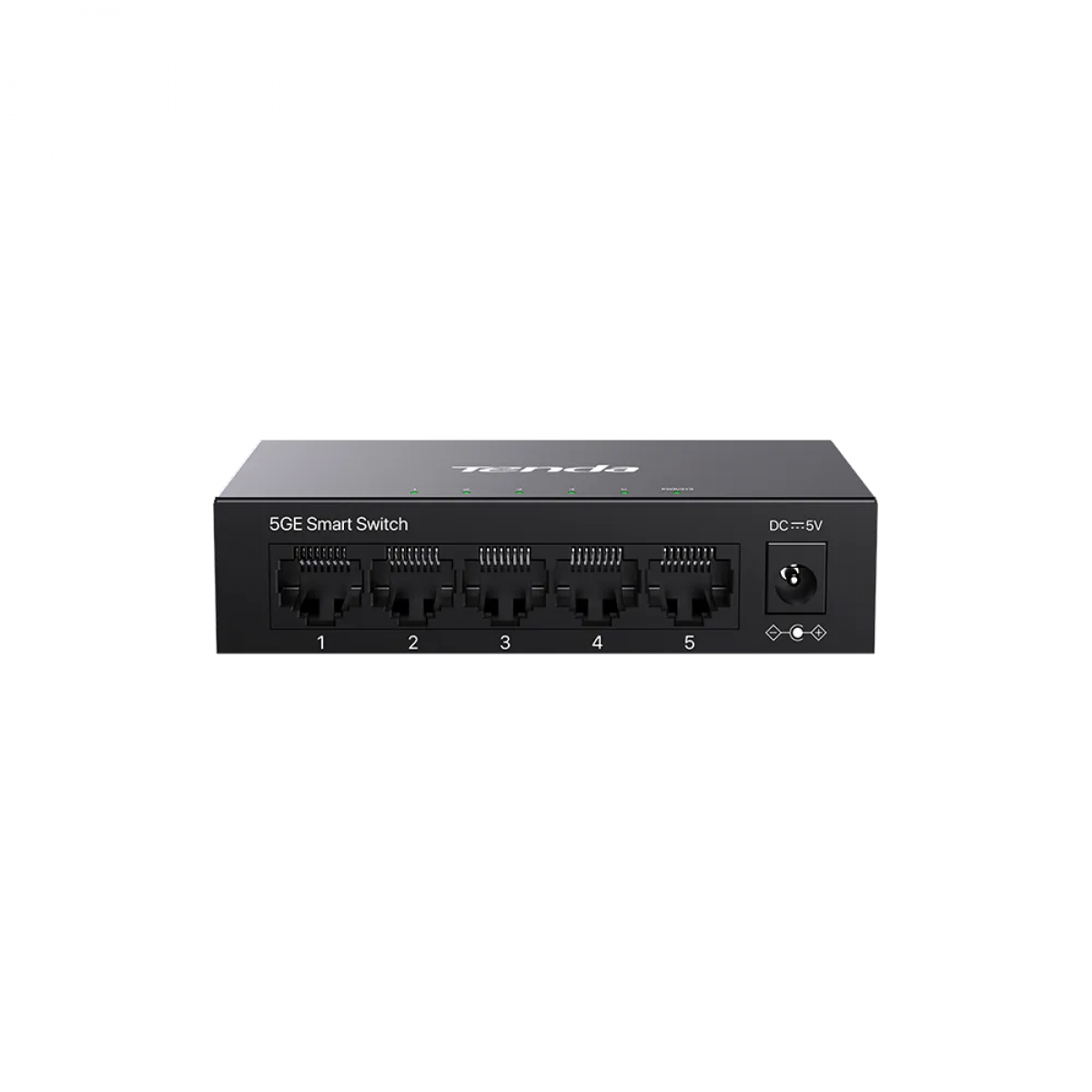 Beş Ethernet bağlantı noktası ve bir DC güç girişine sahip siyah Tenda 5GE Akıllı Anahtar, sade beyaz arka planda.