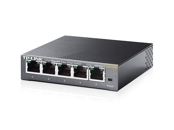 Czarny przełącznik TP-Link 5-port Gigabit Easy Smart z pięcioma portami RJ45 z przodu.