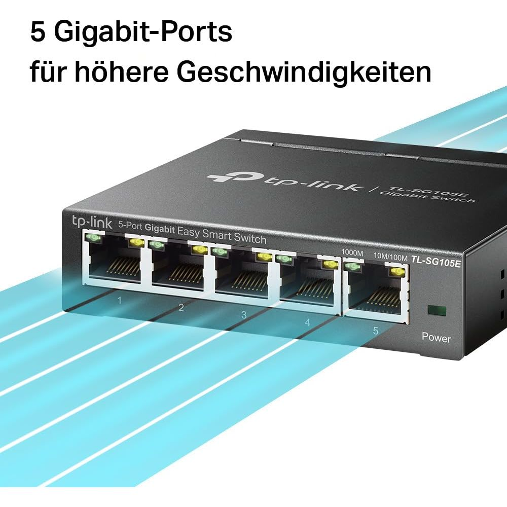 Czarny 5-portowy przełącznik gigabitowy TP-Link z jasnymi kontrolkami i niebieskimi liniami prędkości.