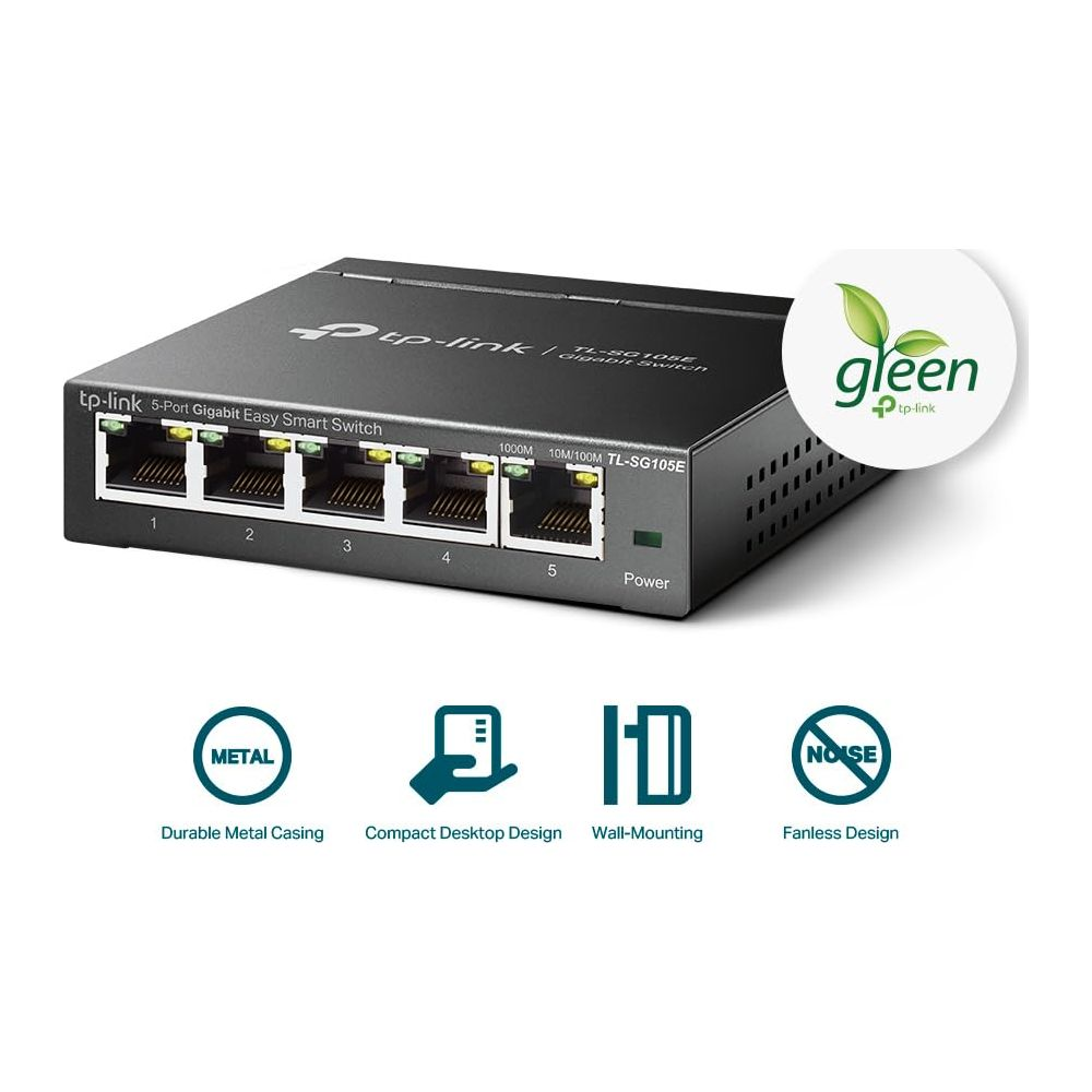 Czarny przełącznik TP-Link 5-portowy Gigabit w metalowej obudowie z czterema ikonami funkcji poniżej.