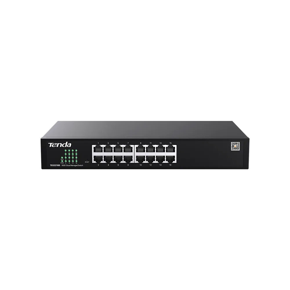 Siyah arka plan üzerinde siyah Tenda TEG2216D 16 portlu Gigabit anahtar, yanar yeşil durum LED'leriyle.
