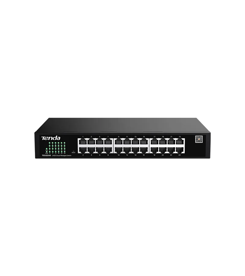 Yirmi dört ethernet bağlantı noktasına ve yeşil durum LED'lerine sahip siyah bir Tenda ağ anahtarı.