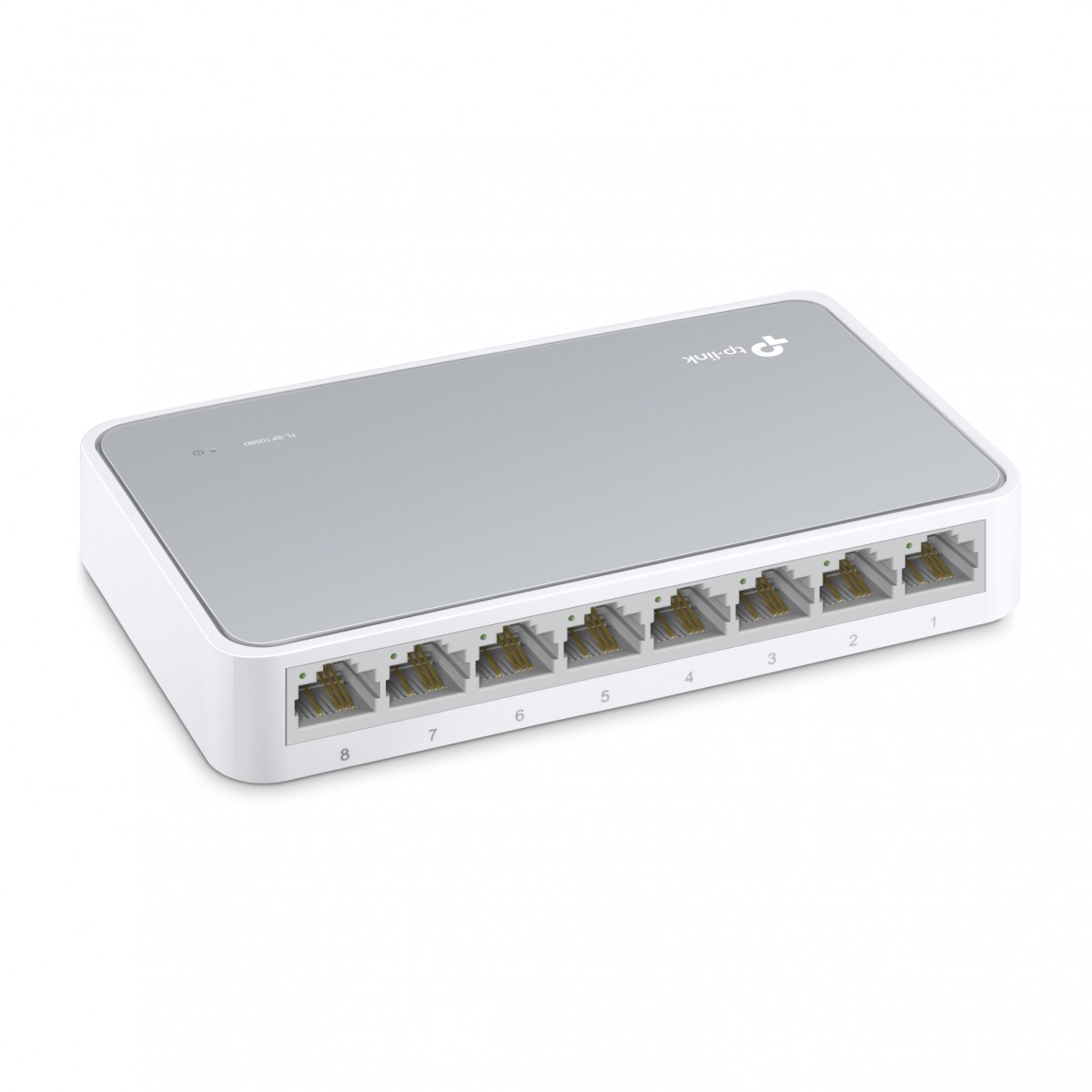 Beyaz yüzey üzerinde sekiz numaralı Ethernet bağlantı noktasına sahip beyaz bir TP-Link ağ anahtarı.