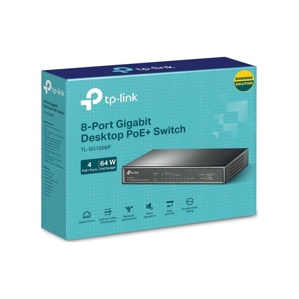 8-portowy przełącznik biurkowy TP-Link Gigabit PoE+ w oryginalnym opakowaniu na białym tle.