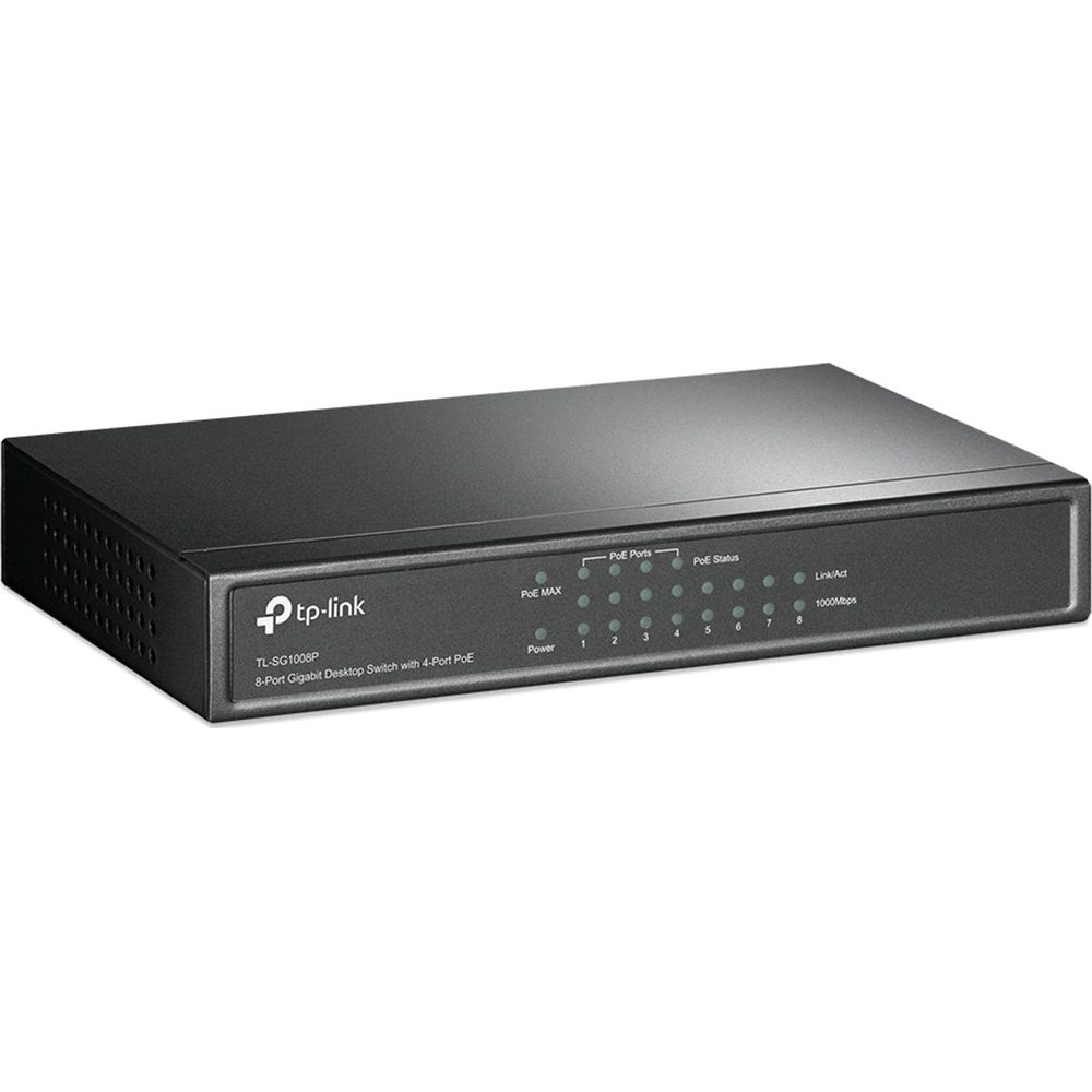 Czarny przełącznik TP-Link TL-SG1008P 8-Port Gigabit Desktop Switch z portami PoE i kontrolkami LED na białym tle.