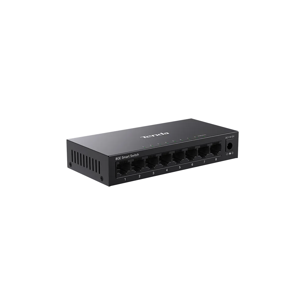 Sekiz Ethernet bağlantı noktası ve bir güç girişi olan siyah bir Tenda 8GE akıllı anahtar.