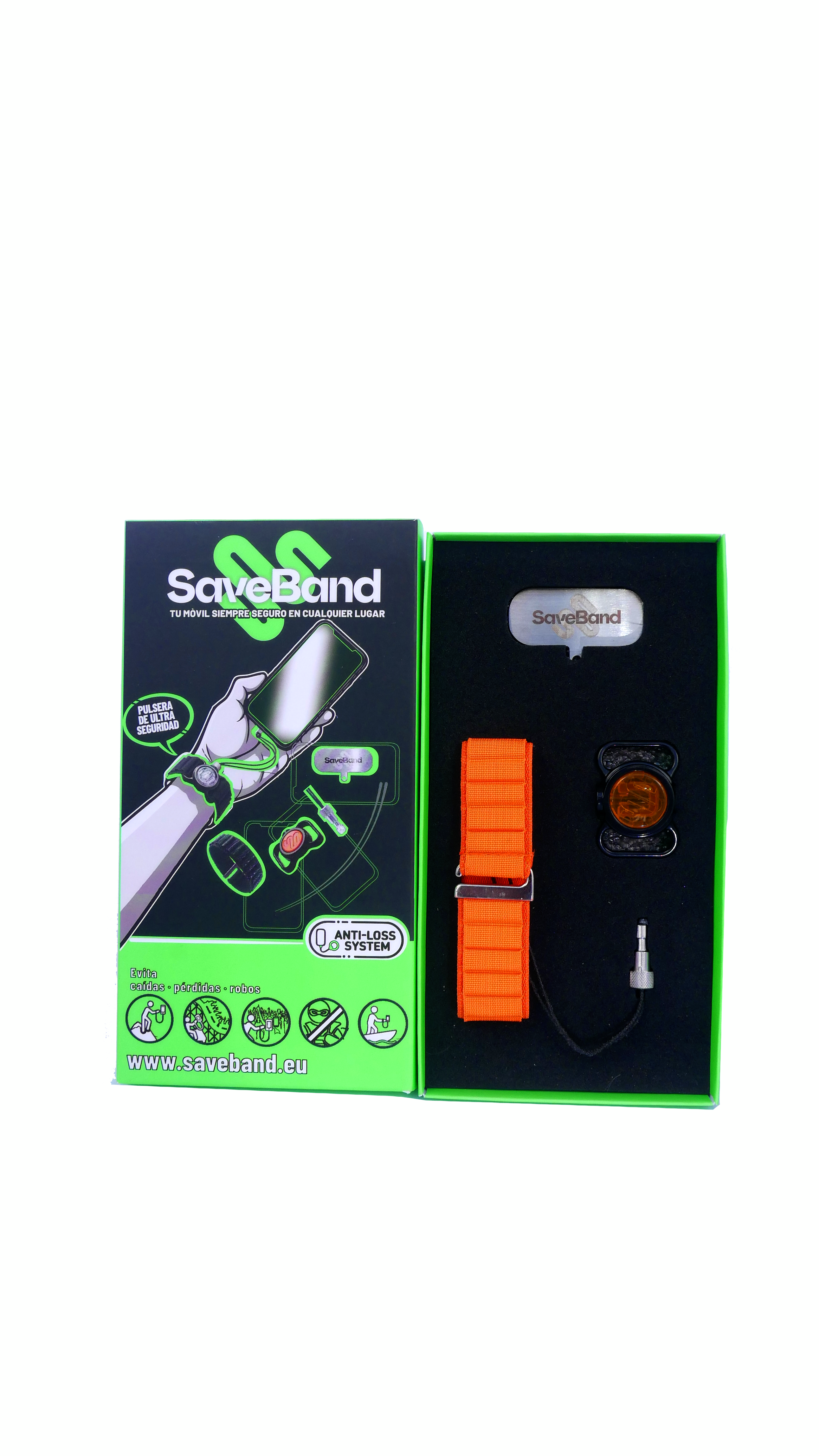 Caja del sistema anti-pérdida SaveBand con correa naranja, accesorio negro y pequeño pin metálico.