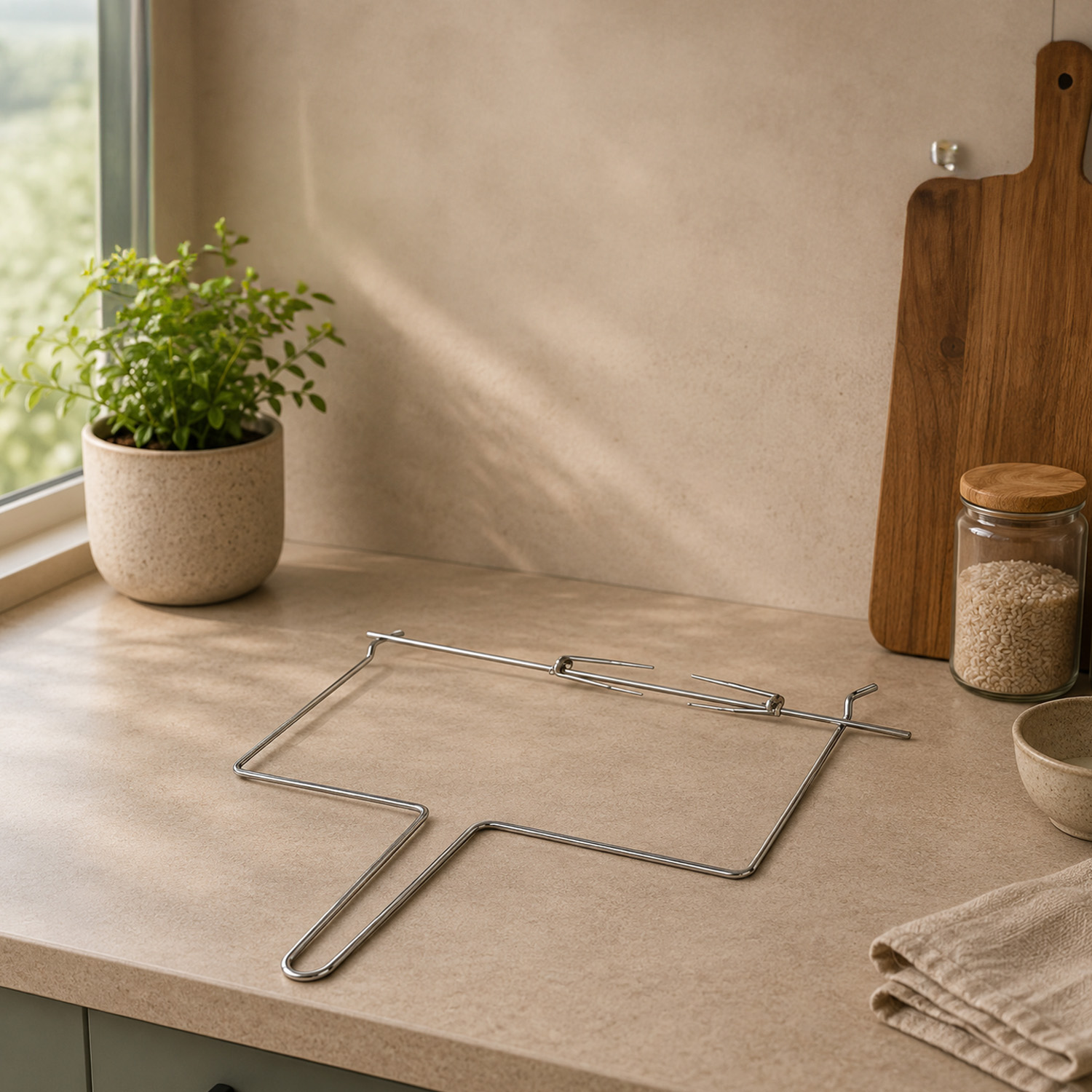 Un soporte de alambre metálico sobre la encimera de la cocina junto a una planta, una tabla y un frasco.