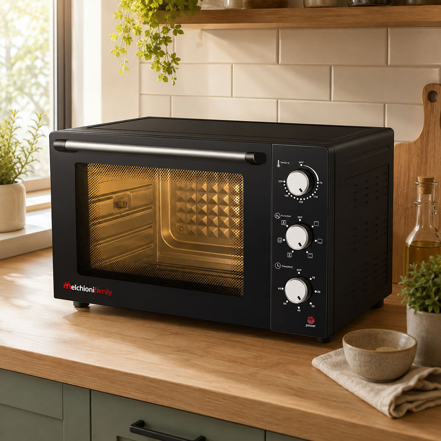 Un mini horno negro Melchioni Family en una encimera de madera en una cocina moderna.
