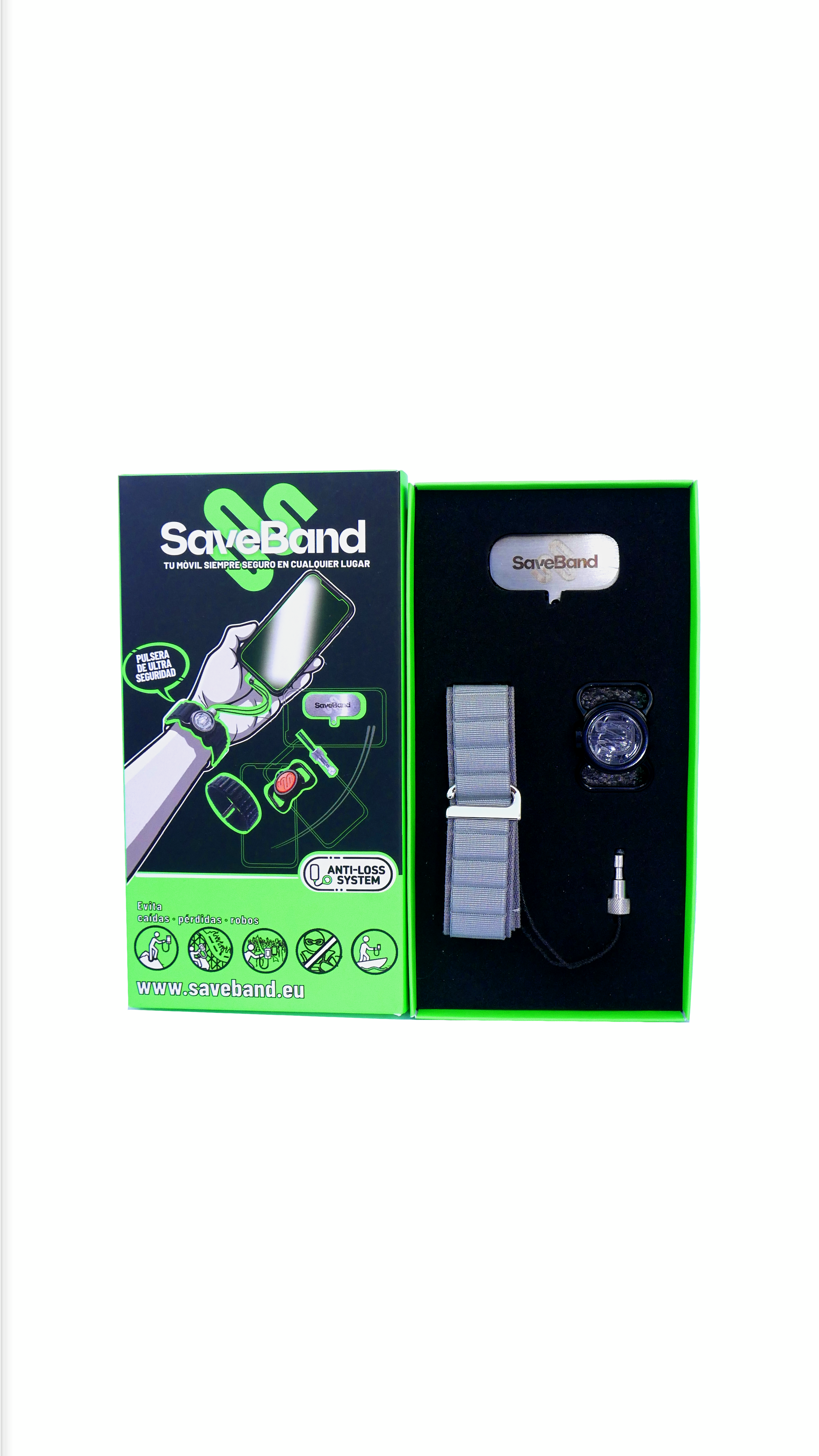 Set de seguridad para móvil SaveBand en caja verde y negra con correa y accesorios.