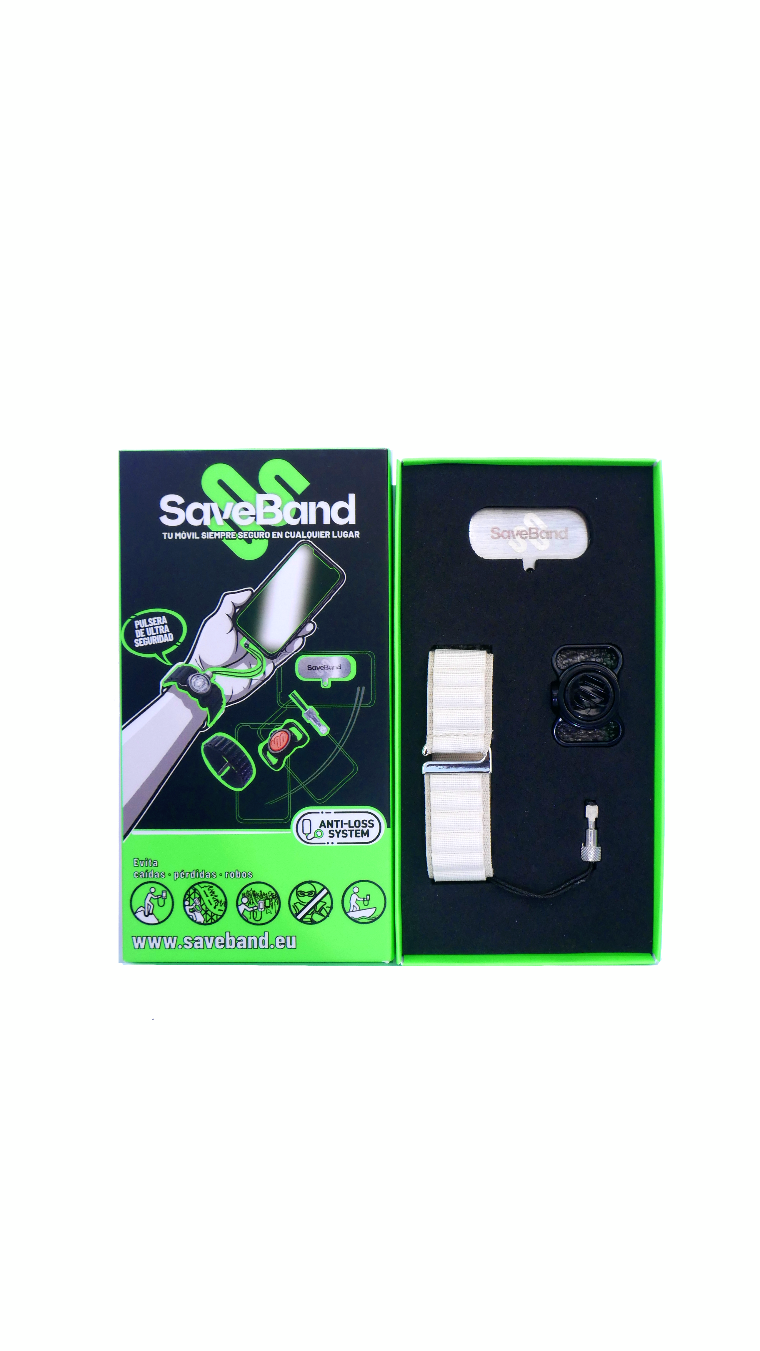 Soporte para teléfono SaveBand en caja verde con correa blanca y accesorios.