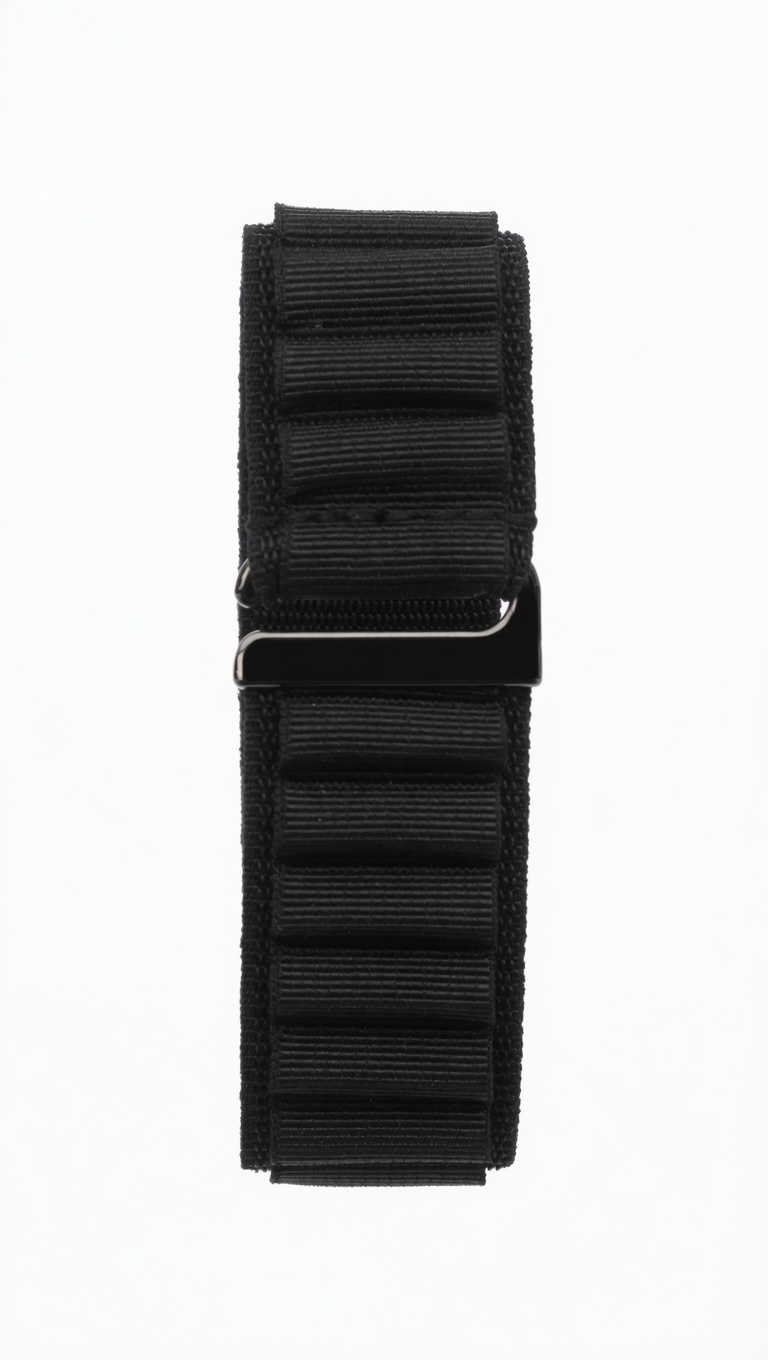 Una correa de reloj de nailon negro con hebilla metálica negra sobre fondo blanco.